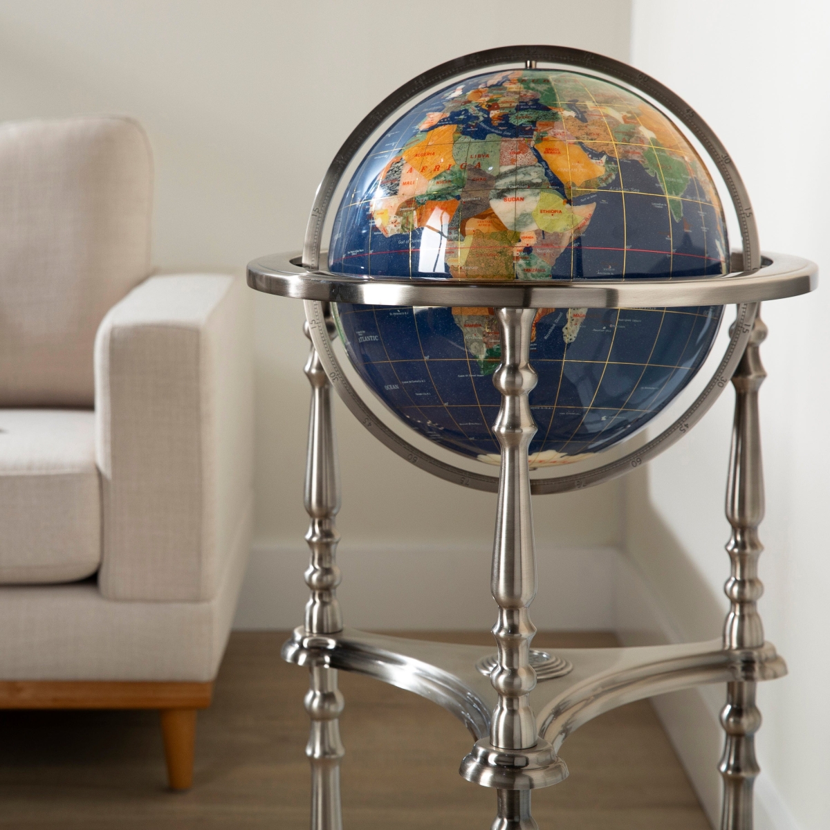 Picture of Kalifano GTH330AS-LP 37 in. Tall Gemstone Globe with 13 in. Lapis Ocean on Ambassador Antique Silver 3-Leg High Stand