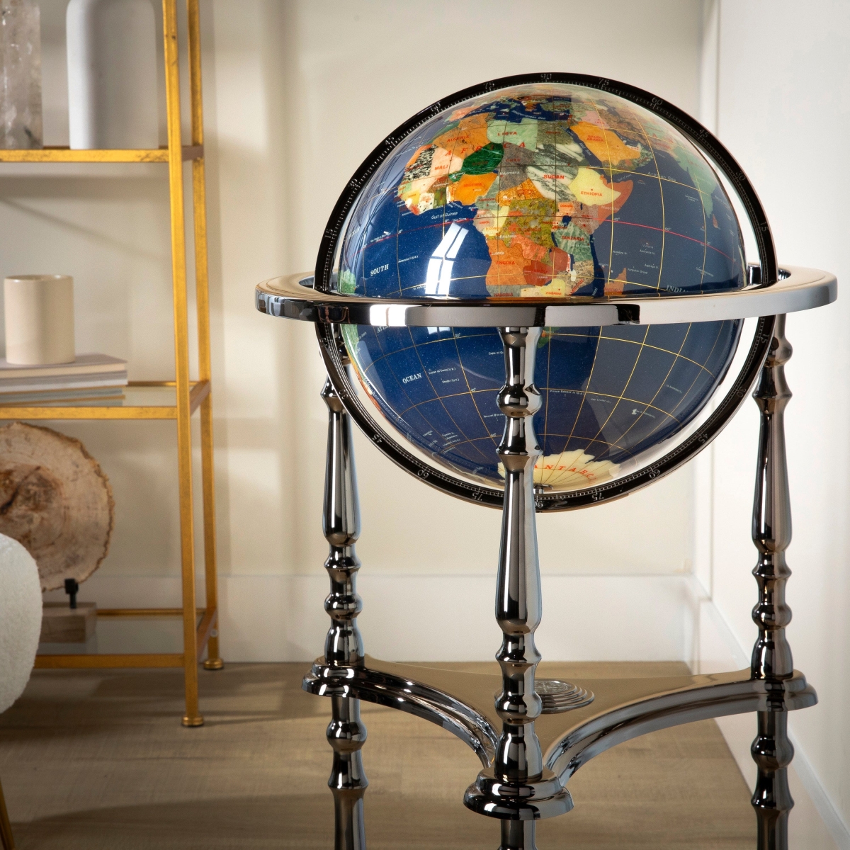 Picture of Kalifano GTH330GM-LP 37 in. Tall Gemstone Globe with Lapis Ocean on Ambassador Gun Metal 3-Leg High Stand