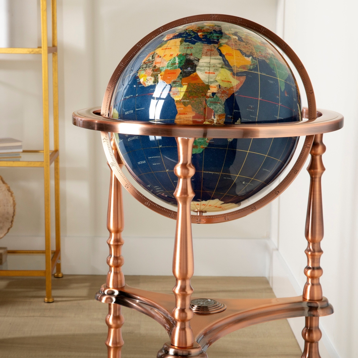 GTH330AC-LP 37 in. Tall Gemstone Globe with Lapis Ocean on Ambassador Antique Copper 3-Leg High Stand