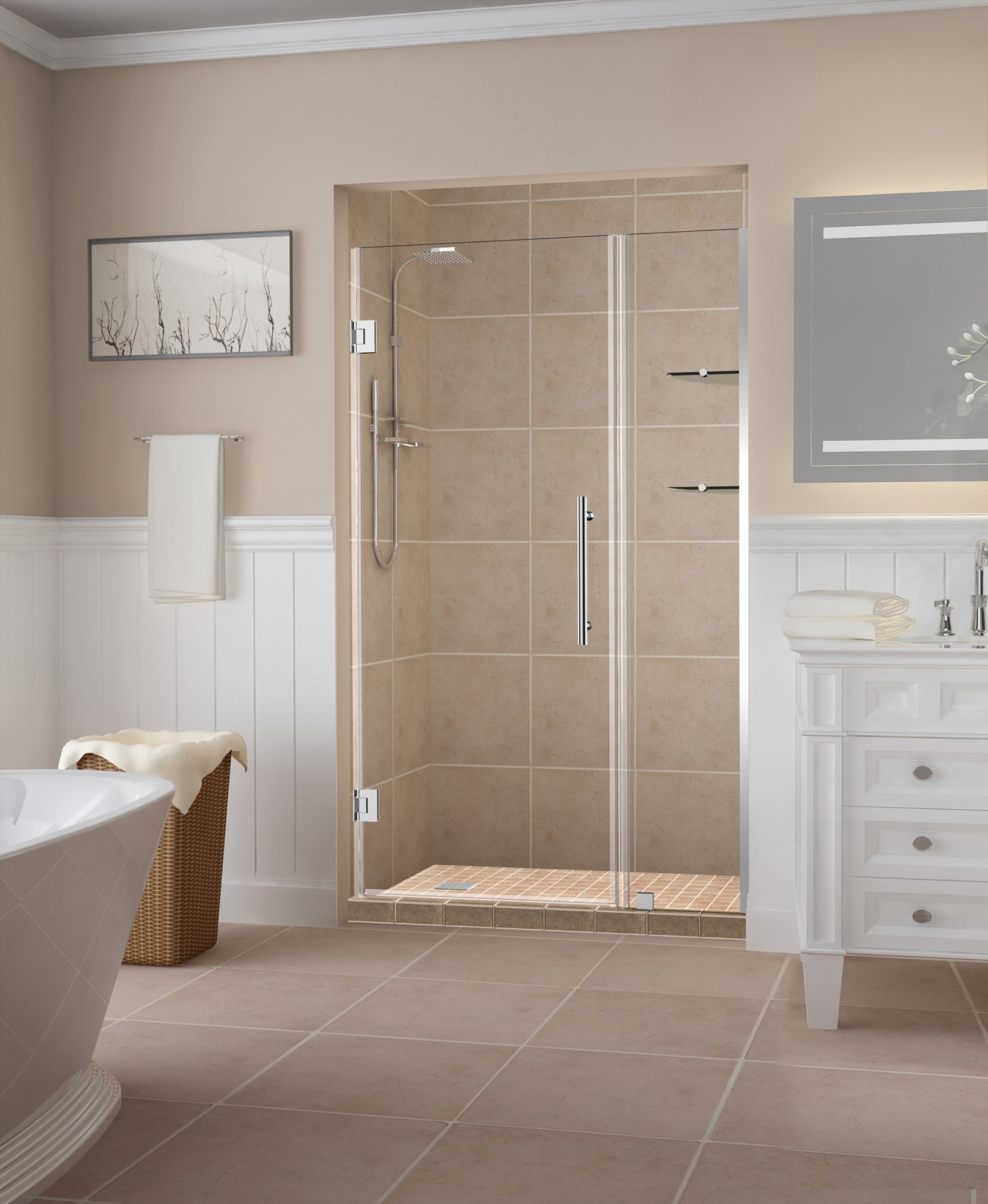 Picture of Aston SDR960EZ-CH-4422-10 Belmore GS 43.25 to 44.25 x 72 in. Frameless Hinged Shower Door with Glass Shelves - Chrome