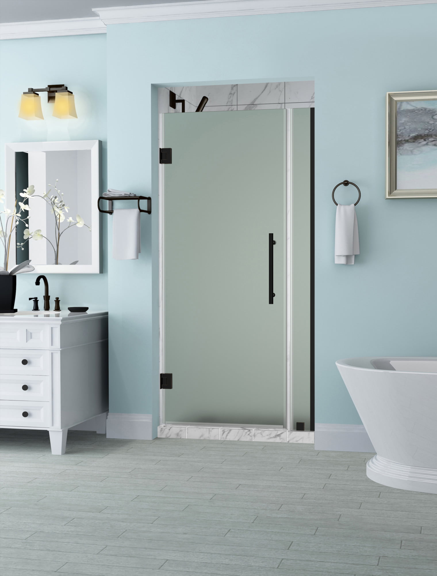 Belmore Frameless Hinged Shower Door with Frosted Glass - Oil Rubbed Bronze - 72 x 32 x 0.38 in.