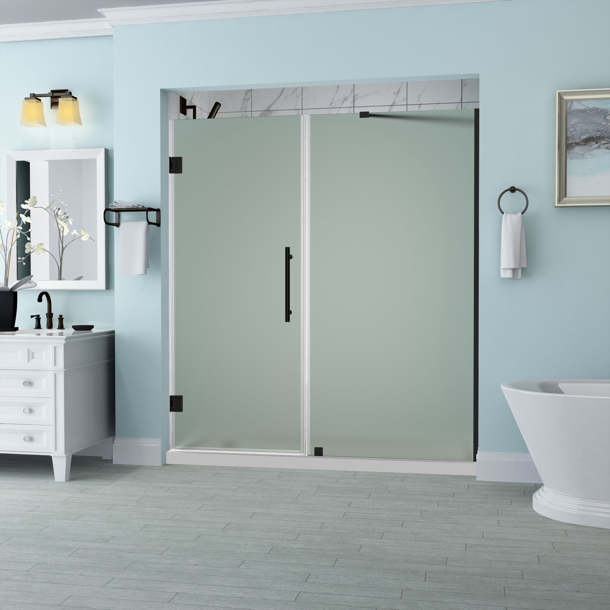 SDR965F-ORB-6830-10 Belmore 67.25-68.25 x 72 in. Frameless Hinged Shower Door with Frosted Glass in Oil Rubbed Bronze