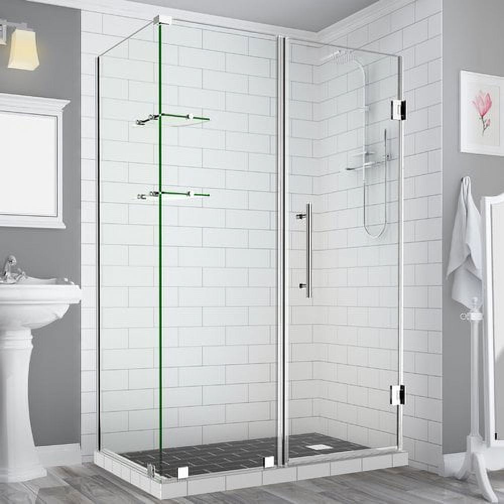 BromleyGS 63.25-64.25 x 34.375 x 72 in. Frameless Corner Hinged Shower Enclosure with Glass Shelves in Chrome