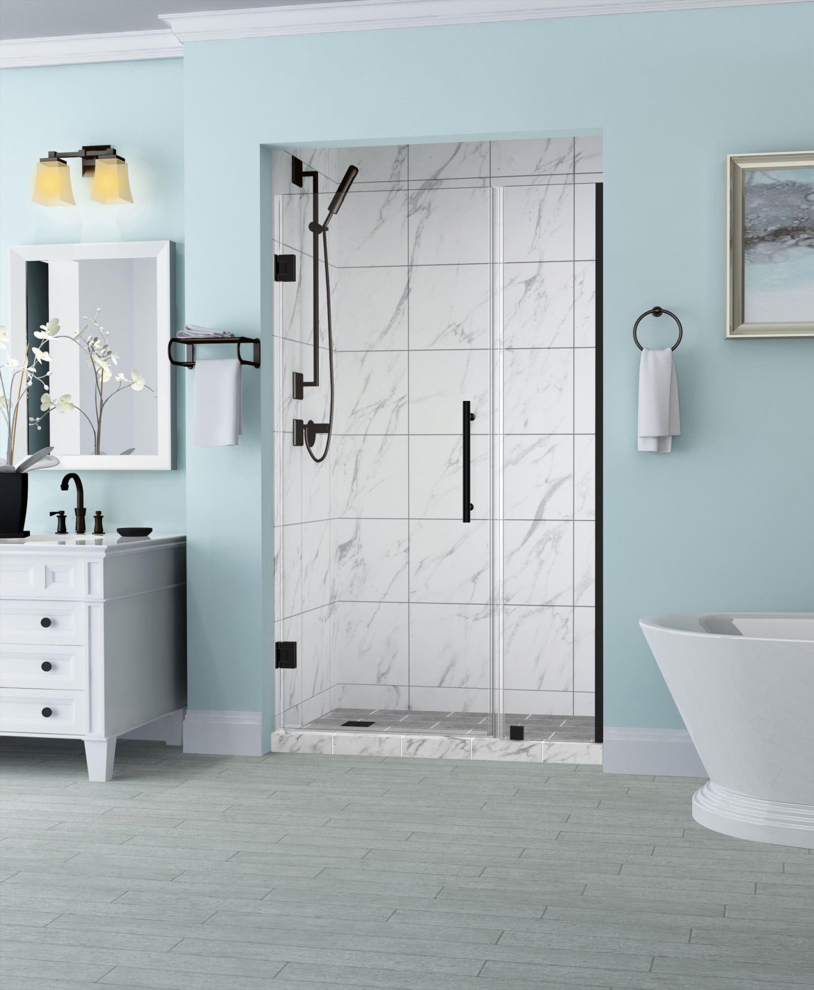 Belmore Frameless Hinged Shower Door in Oil Rubbed Bronze