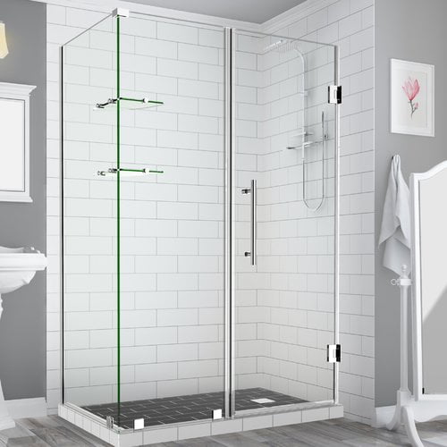 72 x 76 x 30.38 in. Bromley Frameless Corner Hinged Shower Enclosure with Glass Shelves, Chrome
