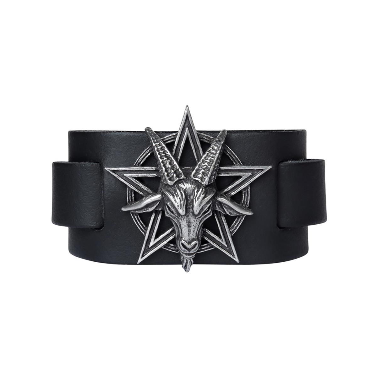A138 1.97 in. Baphomet Black Leather Wrist Strap Bracelet