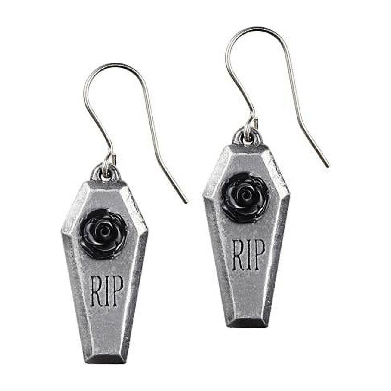 1.10 in. RIP Rose Coffin Shaped Dangle Earrings, Silver