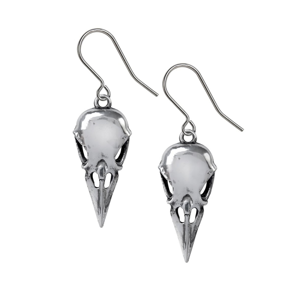 1.54 in. Coeur Crane Pewter Raven Skull Earrings, Silver