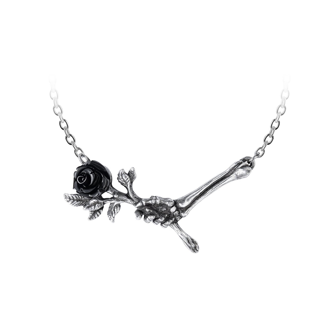 20 in. Love Never Dies Skeleton Hand Black Rose Pewter Necklace, Silver
