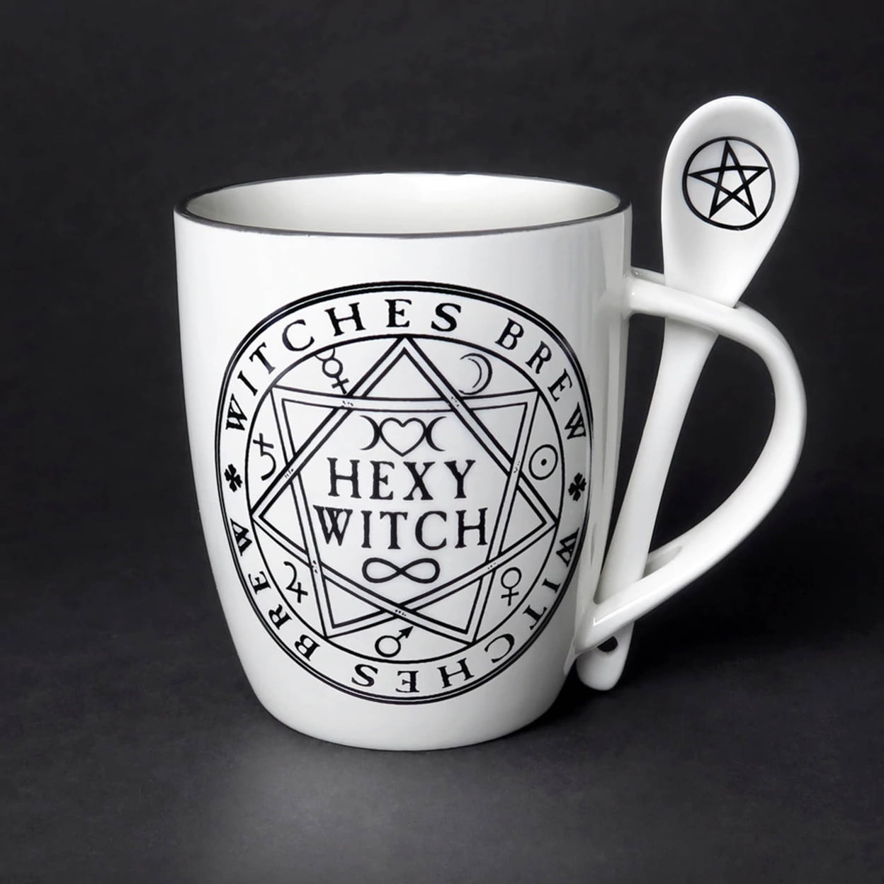 Picture of Alchemy Gothic ALMUG15 5.31 in. Hexy Witch Mug Spoon Set&#44; White & Black - 13 oz