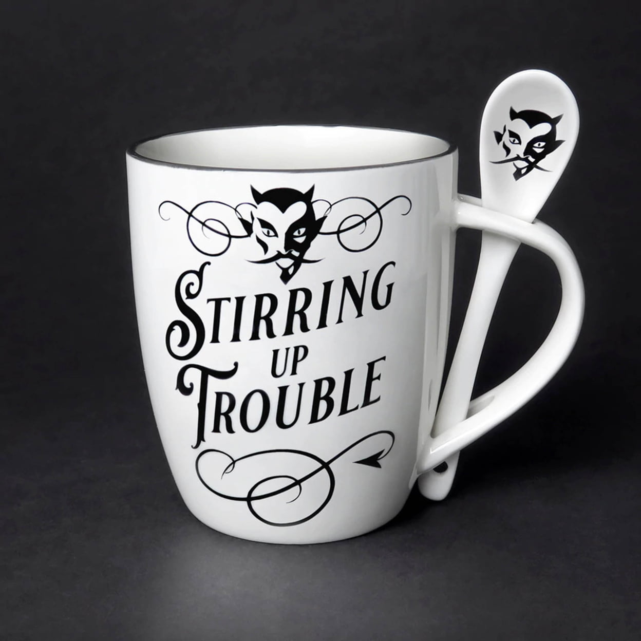 Picture of Alchemy Gothic ALMUG17 5.31 in. Stirring Up Trouble Mug Spoon Set&#44; White & Black - 13 oz