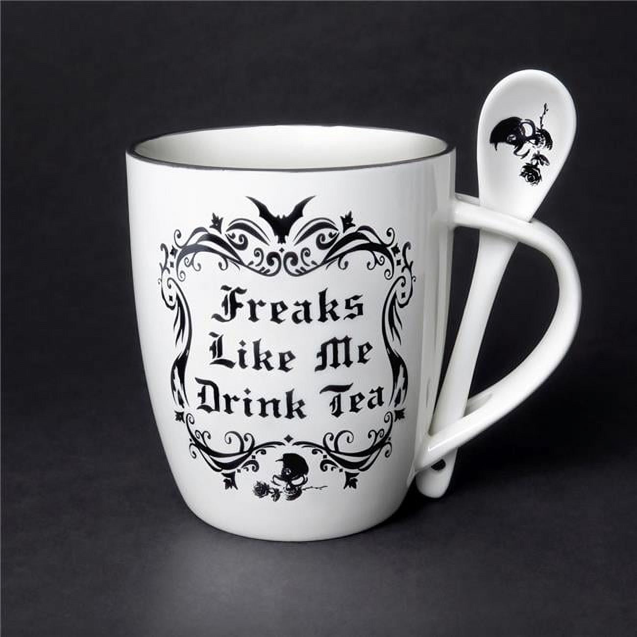 Picture of Alchemy Gothic ALMUG19 5.31 in. Freaks Like me Drink Tea Mug Spoon Set&#44; White & Black - 13 oz