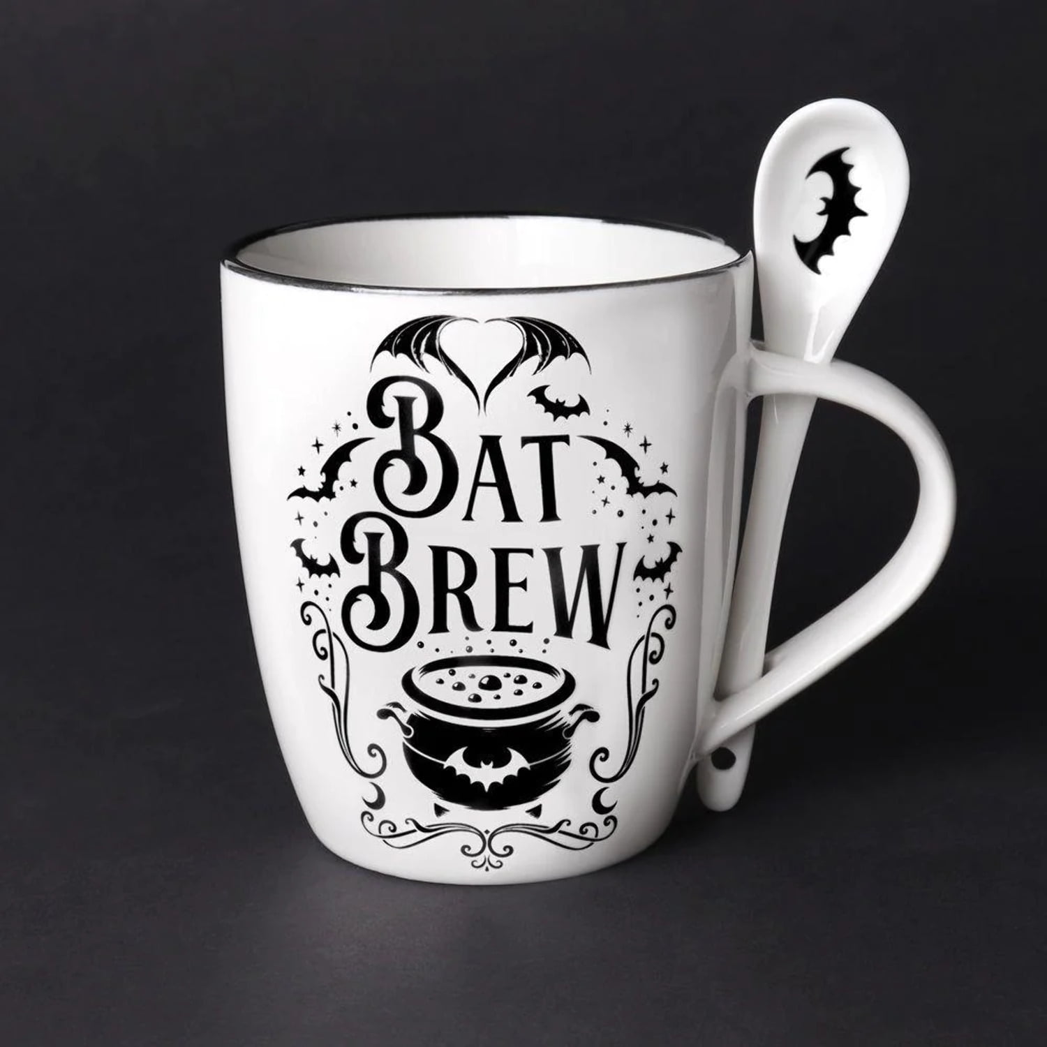 Picture of Alchemy Gothic ALMUG21 5.31 in. Bat Brew Mug Spoon Set&#44; White & Black - 13 oz