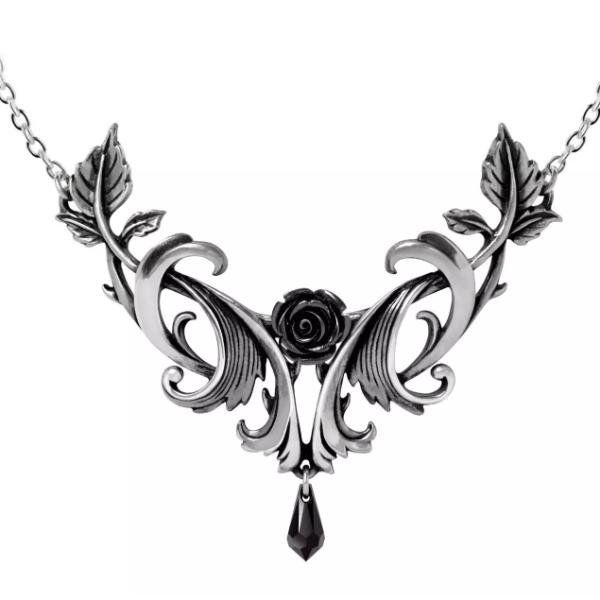 P955 15 in. Split Gothic Baroque Rose Pendant Crystal Teardrop Scroll Necklace, Silver & Black