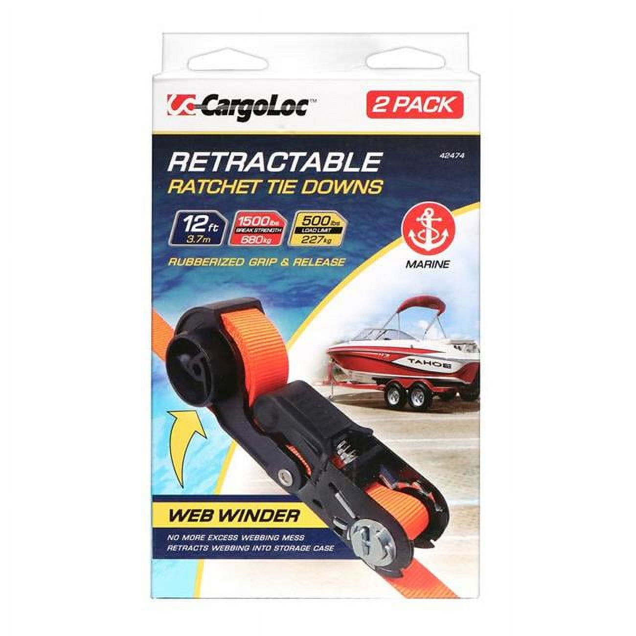 Picture of Cargoloc 42474 12 ft. 1500 lbs Retractable Tie Downs Ratchet Strap with S-Marine - 2 Piece