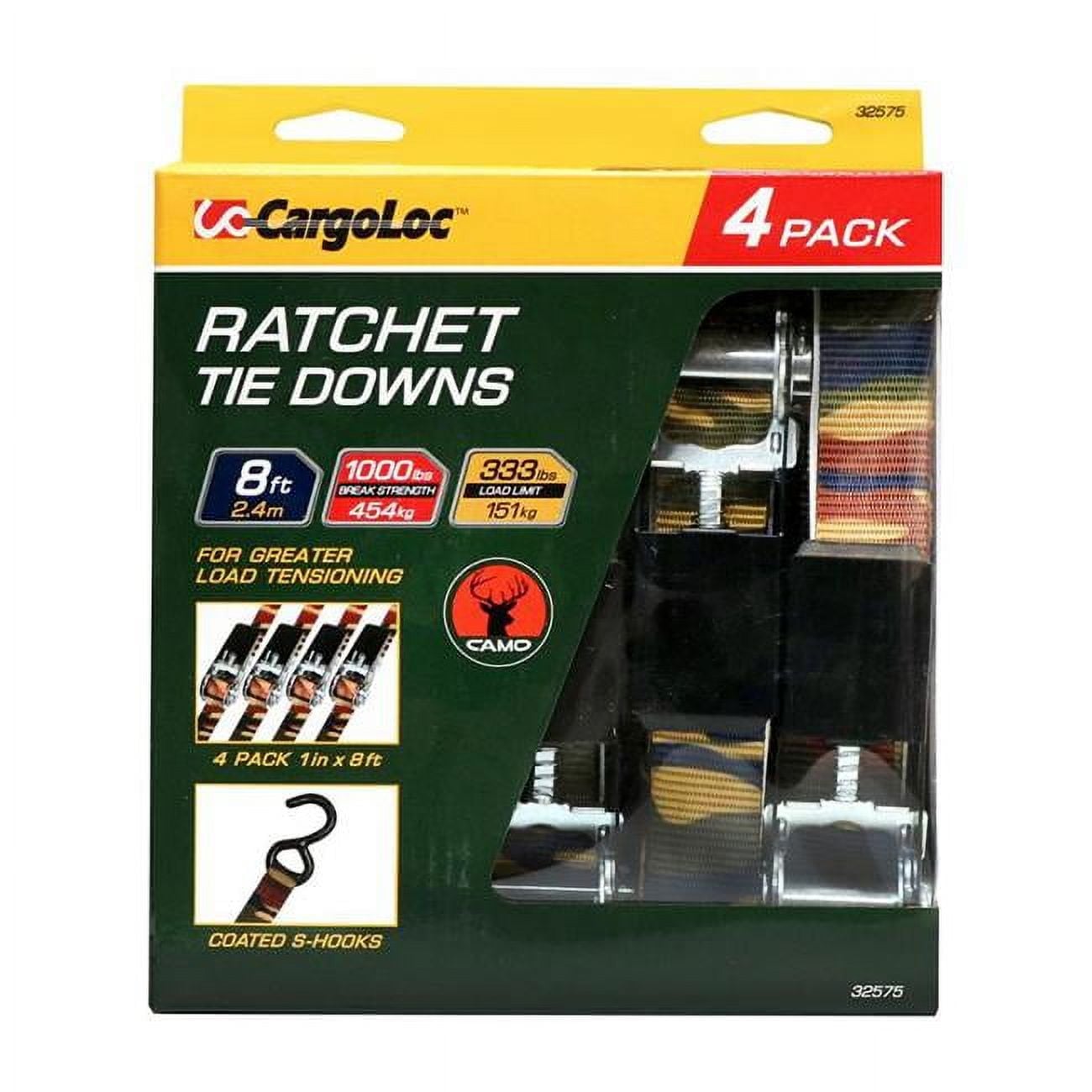 8 ft. x 1 in. 1000 lbs Racheting Tie Down Strap S-Hooks, Camo - 4 Piece