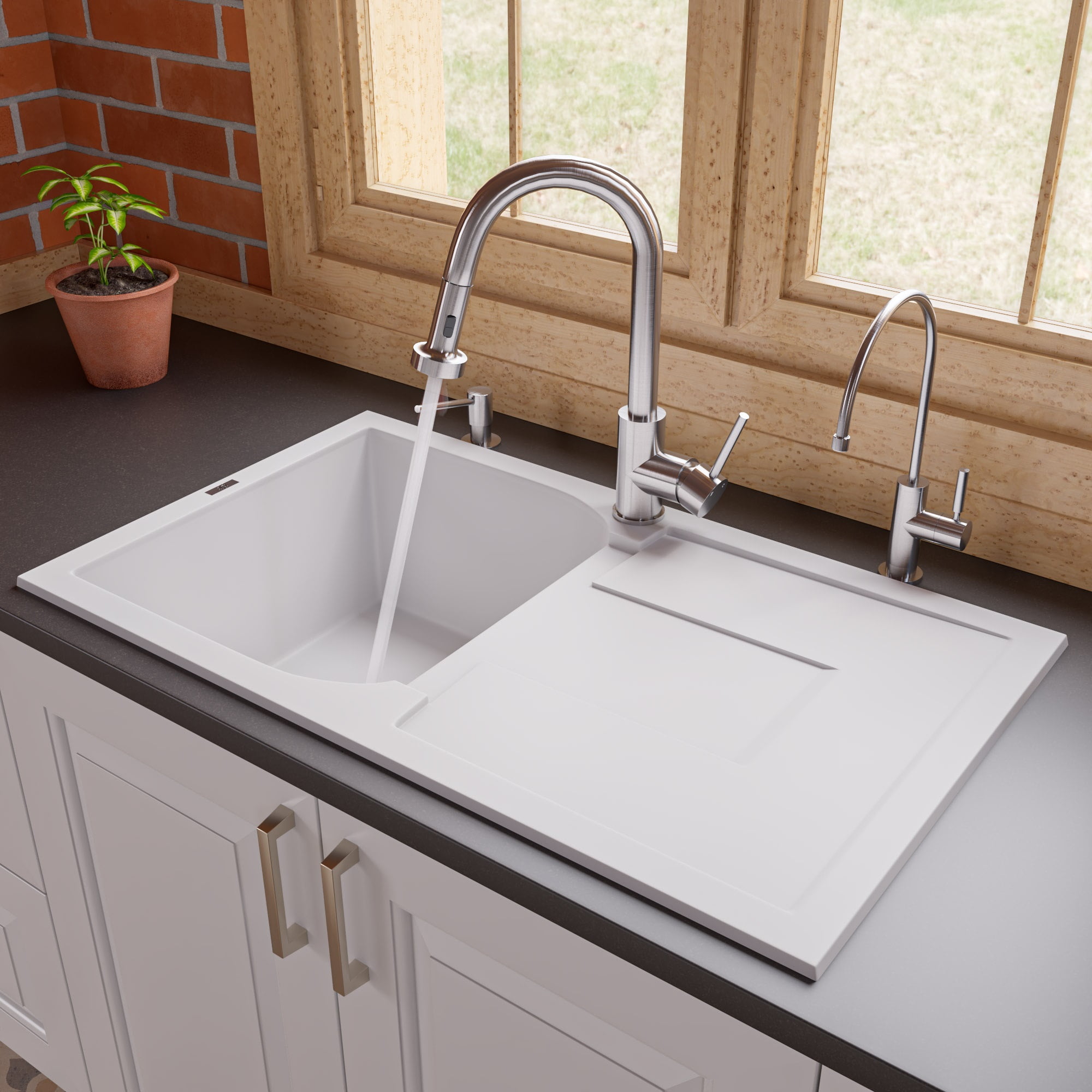Picture of ALFI brand AB1620DI-W 34 in. Single Bowl Granite Composite Kitchen Sink with Drainboard, White