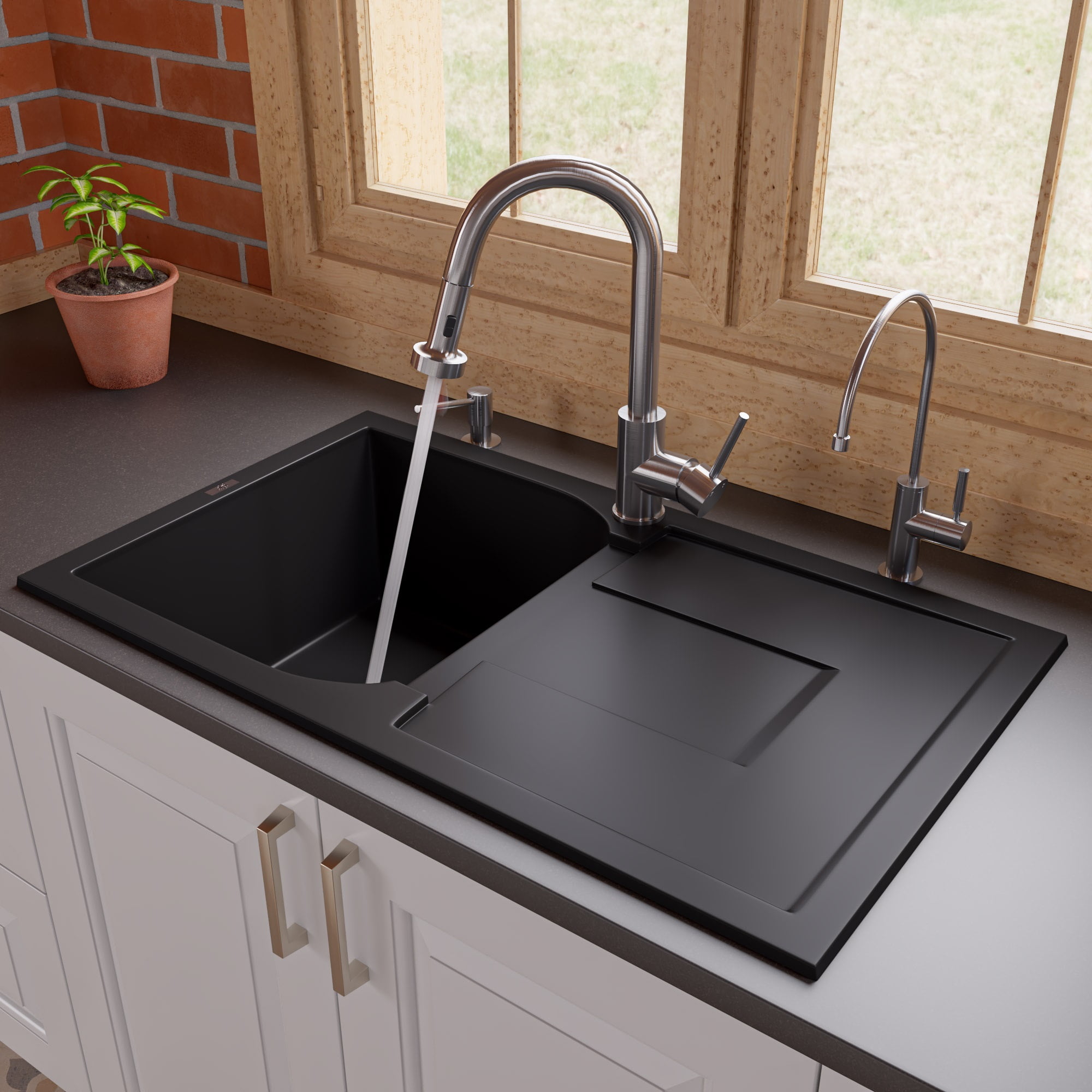 Picture of ALFI brand AB1620DI-BLA 34 in. Single Bowl Granite Composite Kitchen Sink with Drainboard&#44; Black