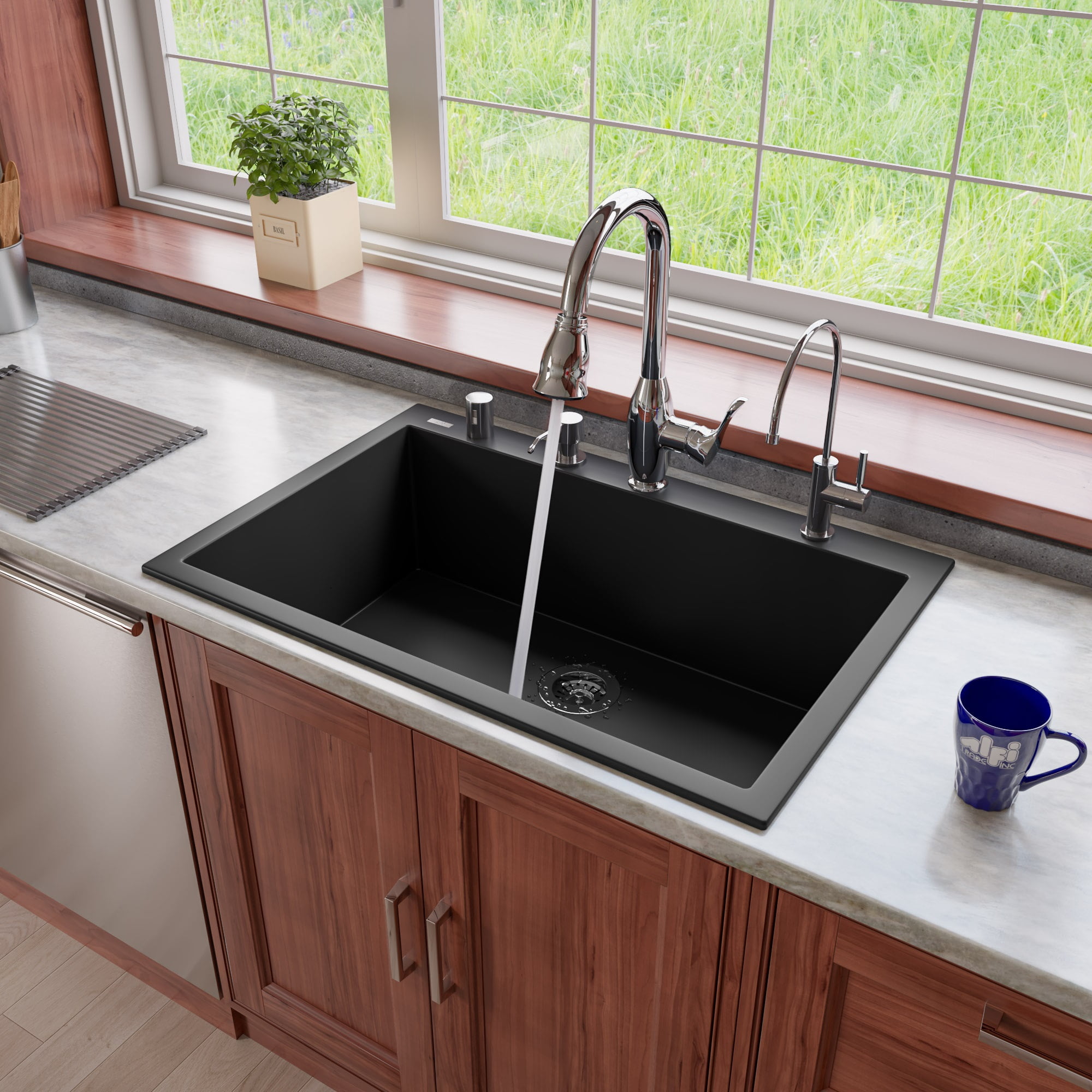 Picture of ALFI Brand AB3322DI-BLA Black 33 in. Single Bowl Drop in Granite Composite Kitchen Sink