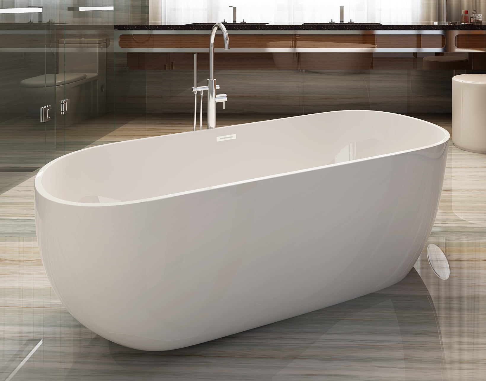 Picture of ALFI Brand AB8838 59 in. White Oval Acrylic Free Standing Soaking Bathtub