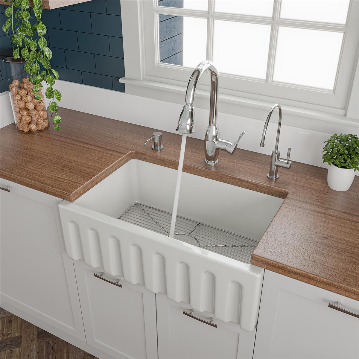 Picture of ALFI Brand AB3018HS-W 30 in. White Reversible Smooth & Fluted Single Bowl Fireclay Farm Sink