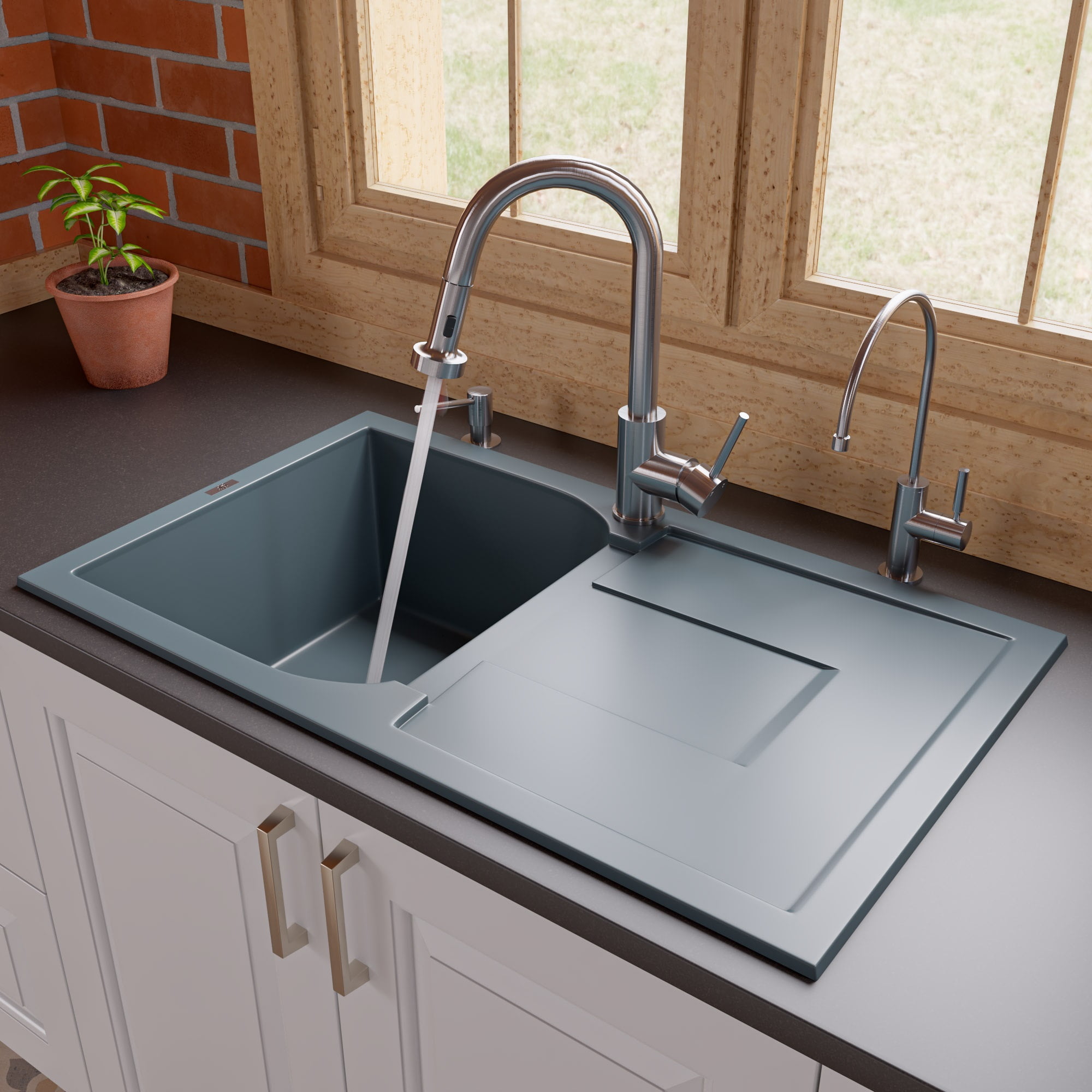 Picture of Alfi Brand AB1620DI-T Titanium 34 in. Single Bowl Granite Composite Kitchen Sink with Drainboard