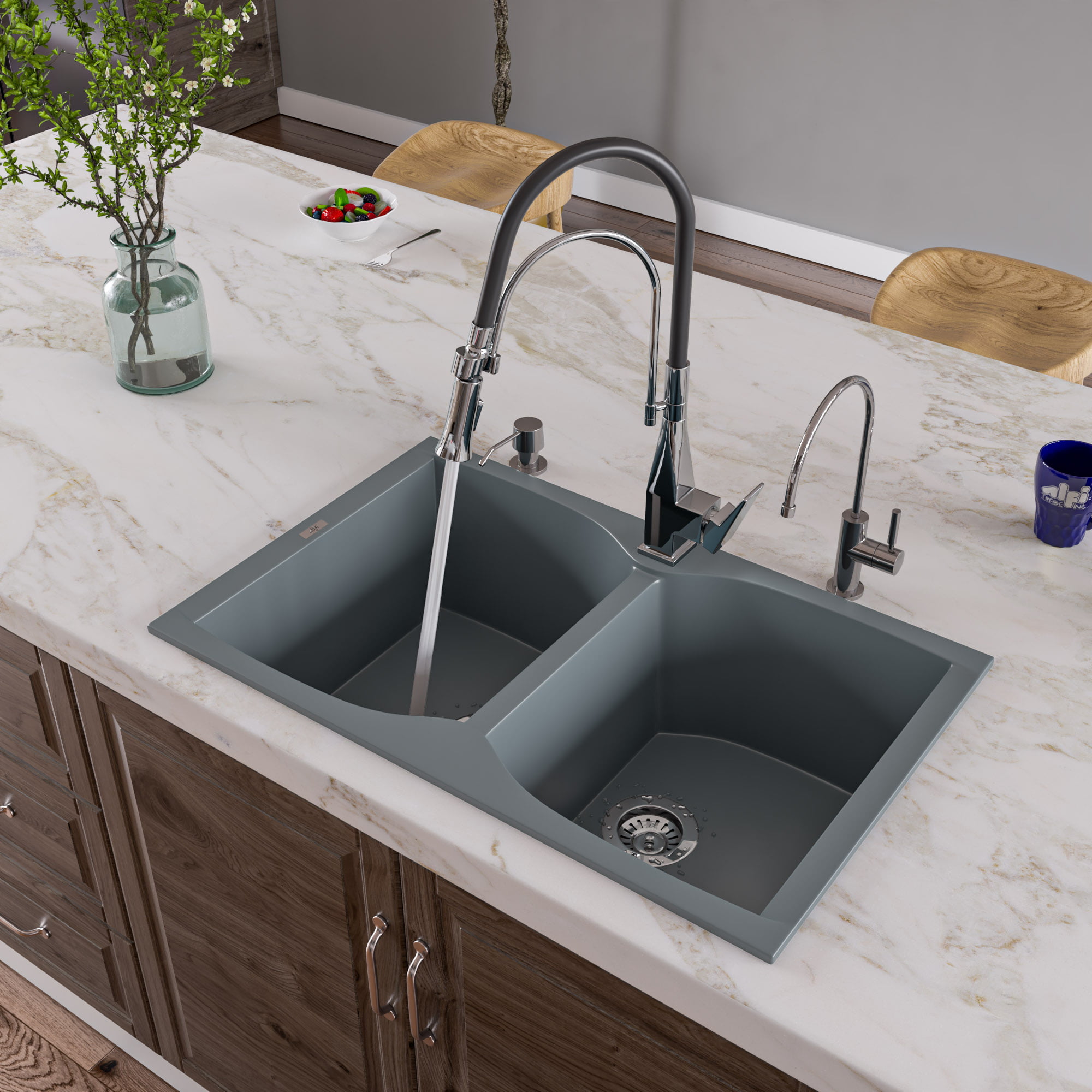 Picture of Alfi Brand AB3220DI-T Titanium 32 in. Drop-In Double Bowl Granite Composite Kitchen Sink