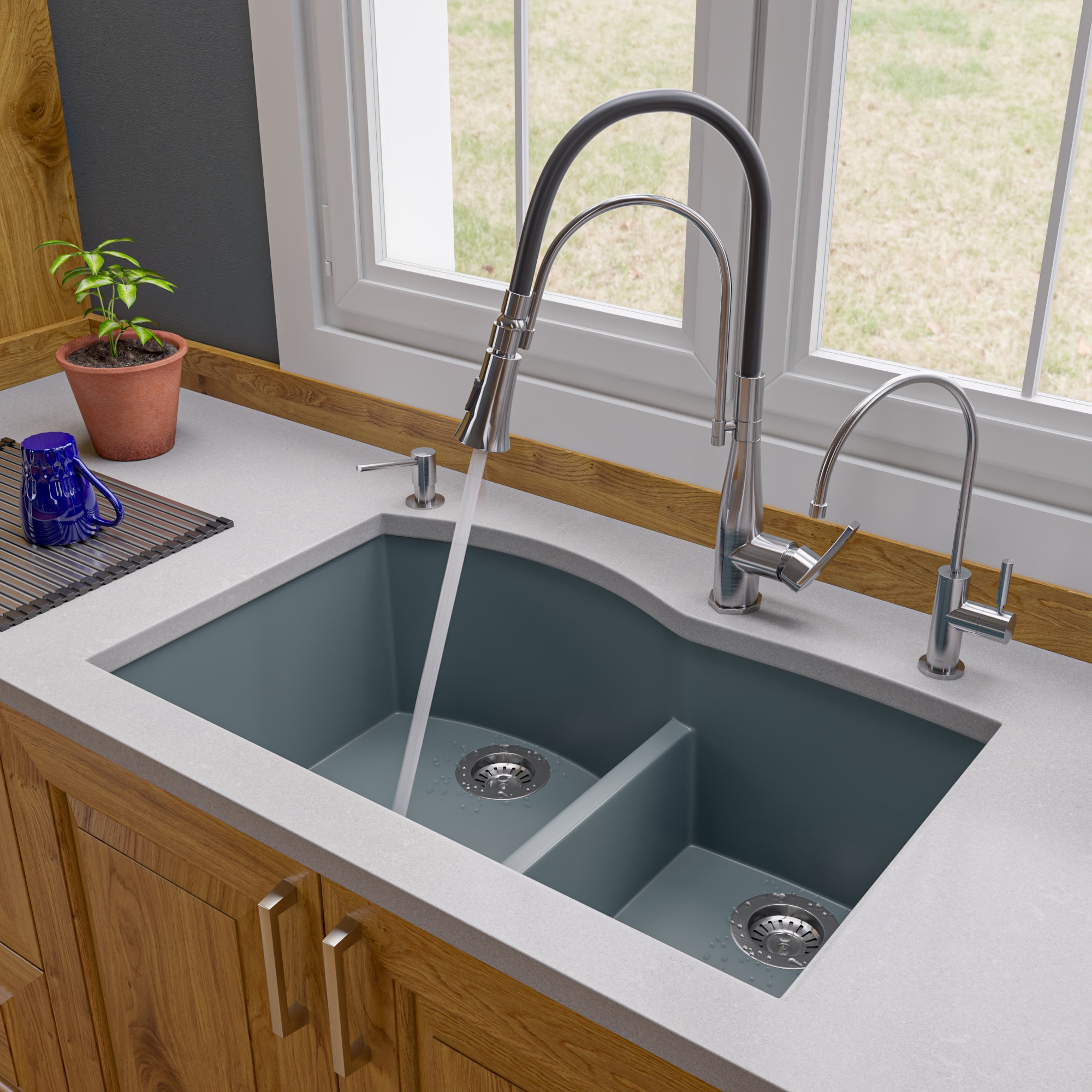 Picture of Alfi Brand AB3320UM-T Titanium 33 in. Double Bowl Undermount Granite Composite Kitchen Sink