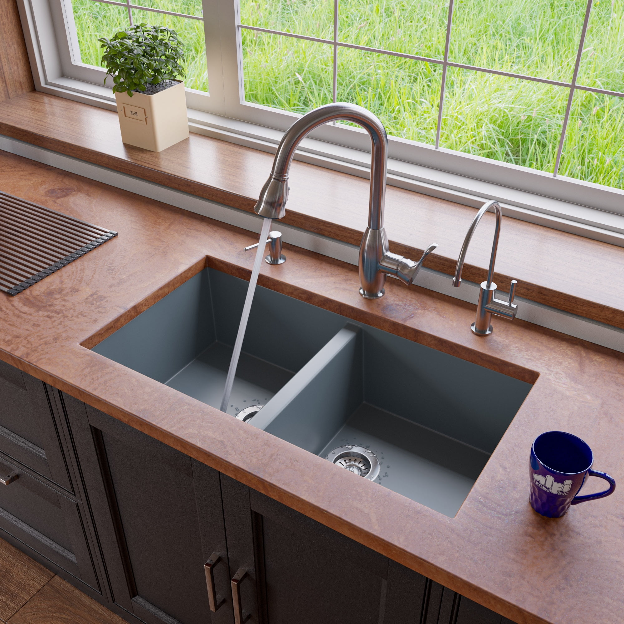 Picture of Alfi Brand AB3420UM-T Titanium 34 in. Undermount Double Bowl Granite Composite Kitchen Sink