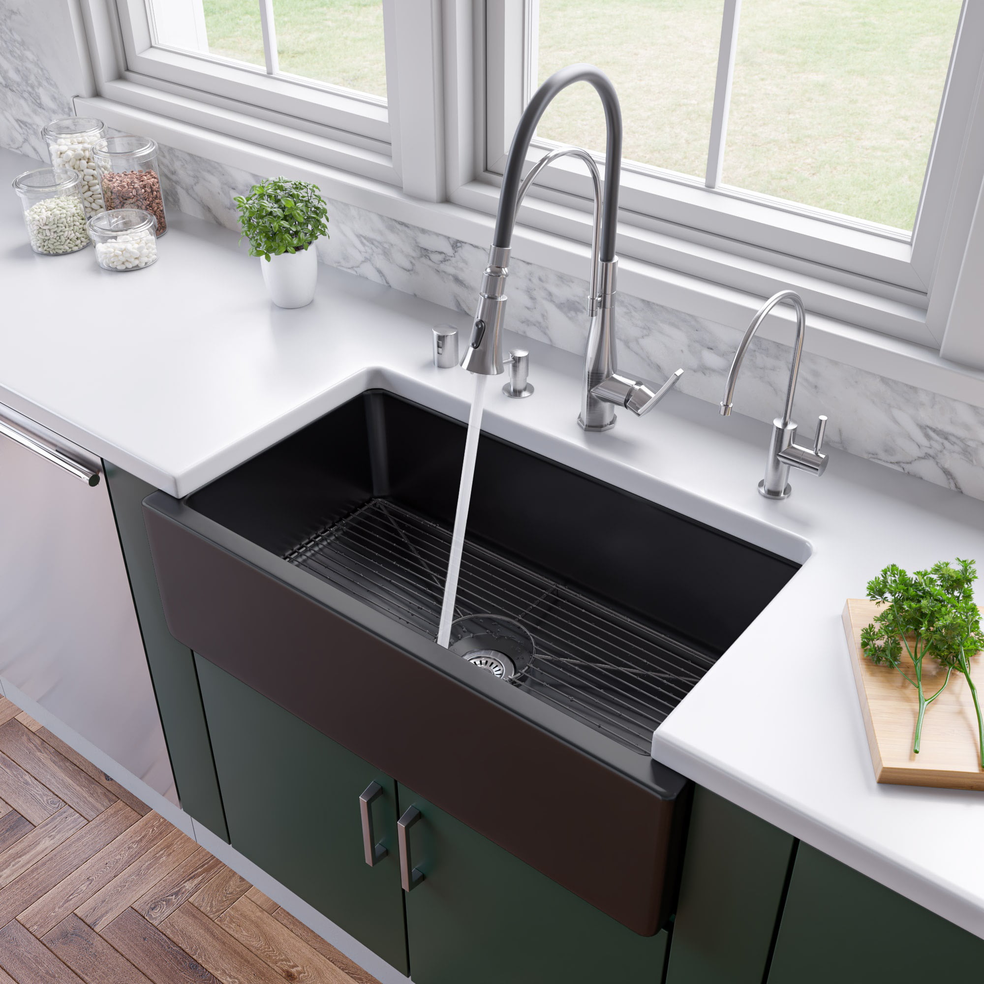 Picture of Alfi Brand AB3318HS-BG Black Gloss 33 x 18 in. Reversible Fluted & Smooth Fireclay Farm Sink