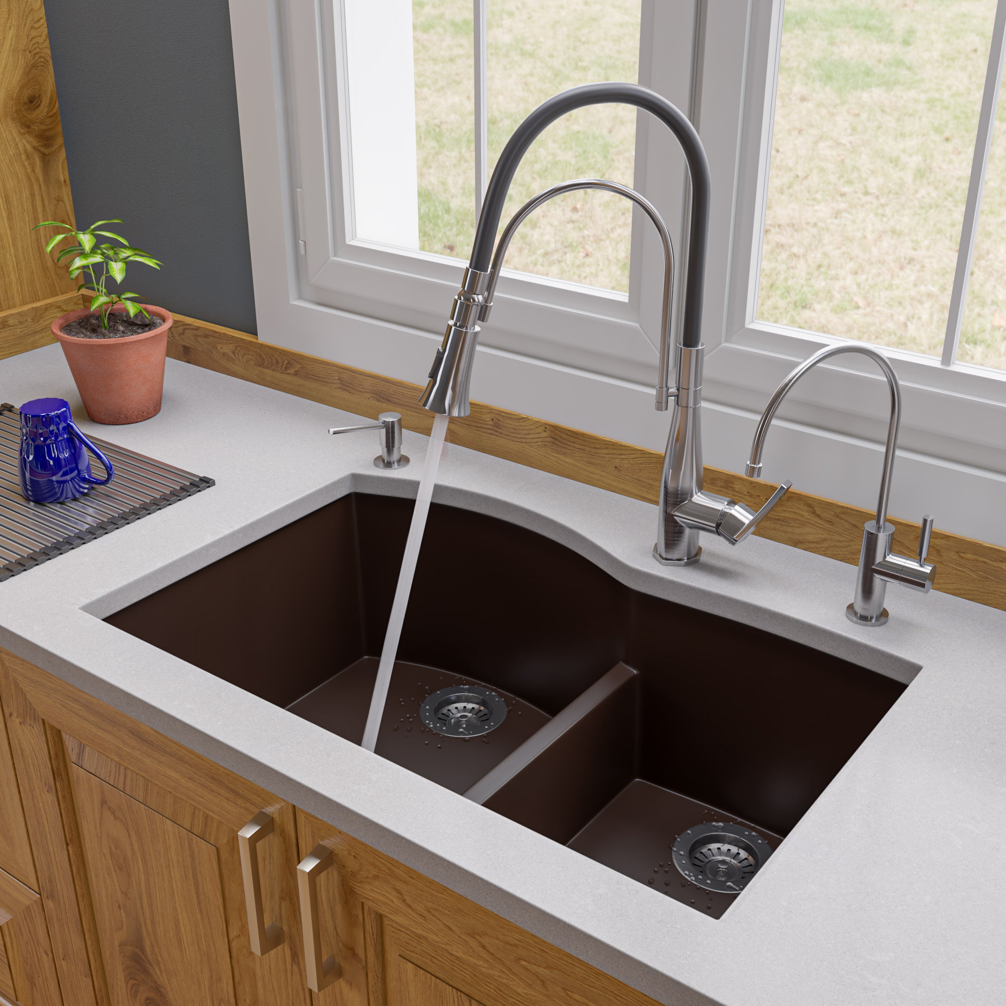 Picture of Alfi Brand AB3320UM-C Undermount Granite Composite 33 in. 35-65 Double Bowl Kitchen Sink in Chocolate