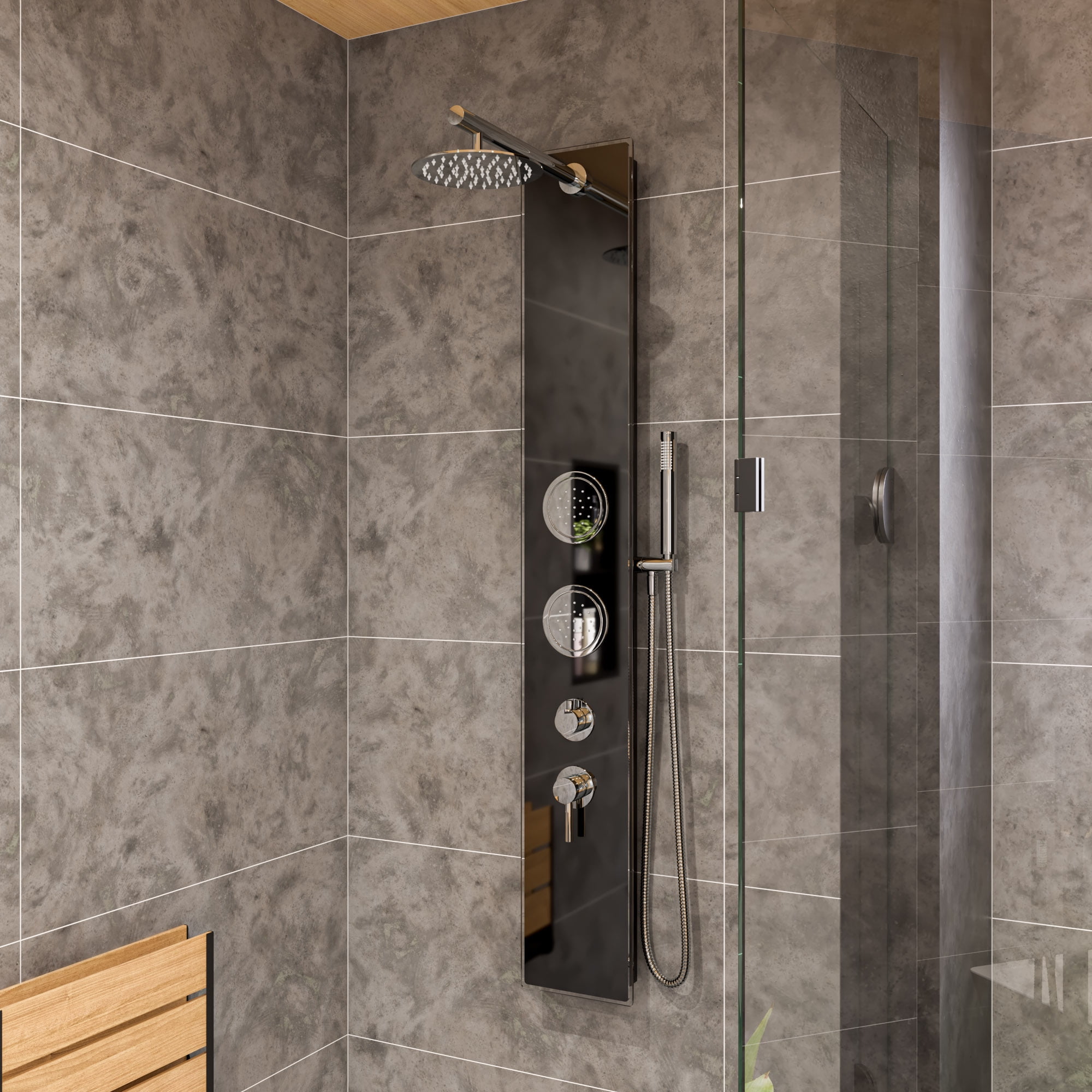 Picture of Alfi Brand ABSP55B Black Glass Shower Panel with 2 Body Sprays & Rain Shower Head