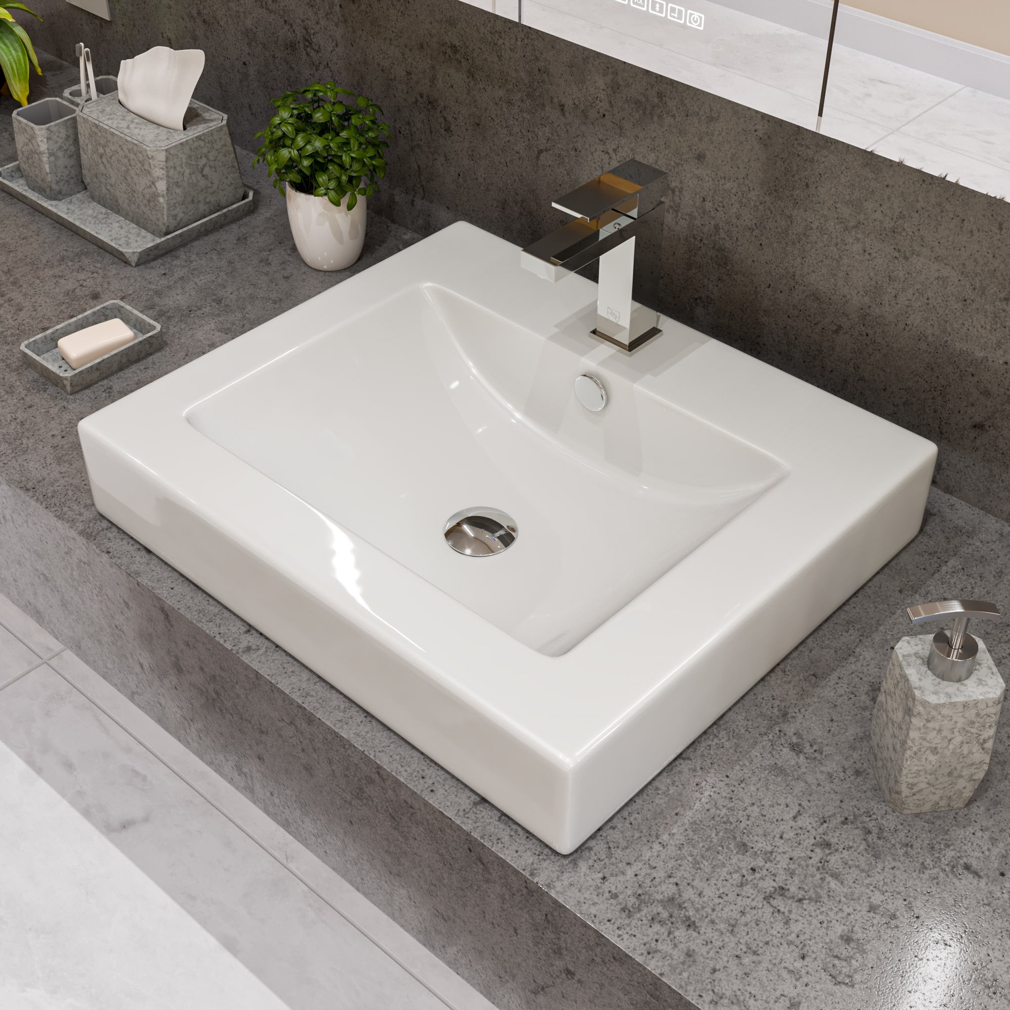 Picture of ALFI Brand ABC701 24 in. Rectangular Semi Recessed Ceramic Sink with Faucet Hole&#44; White