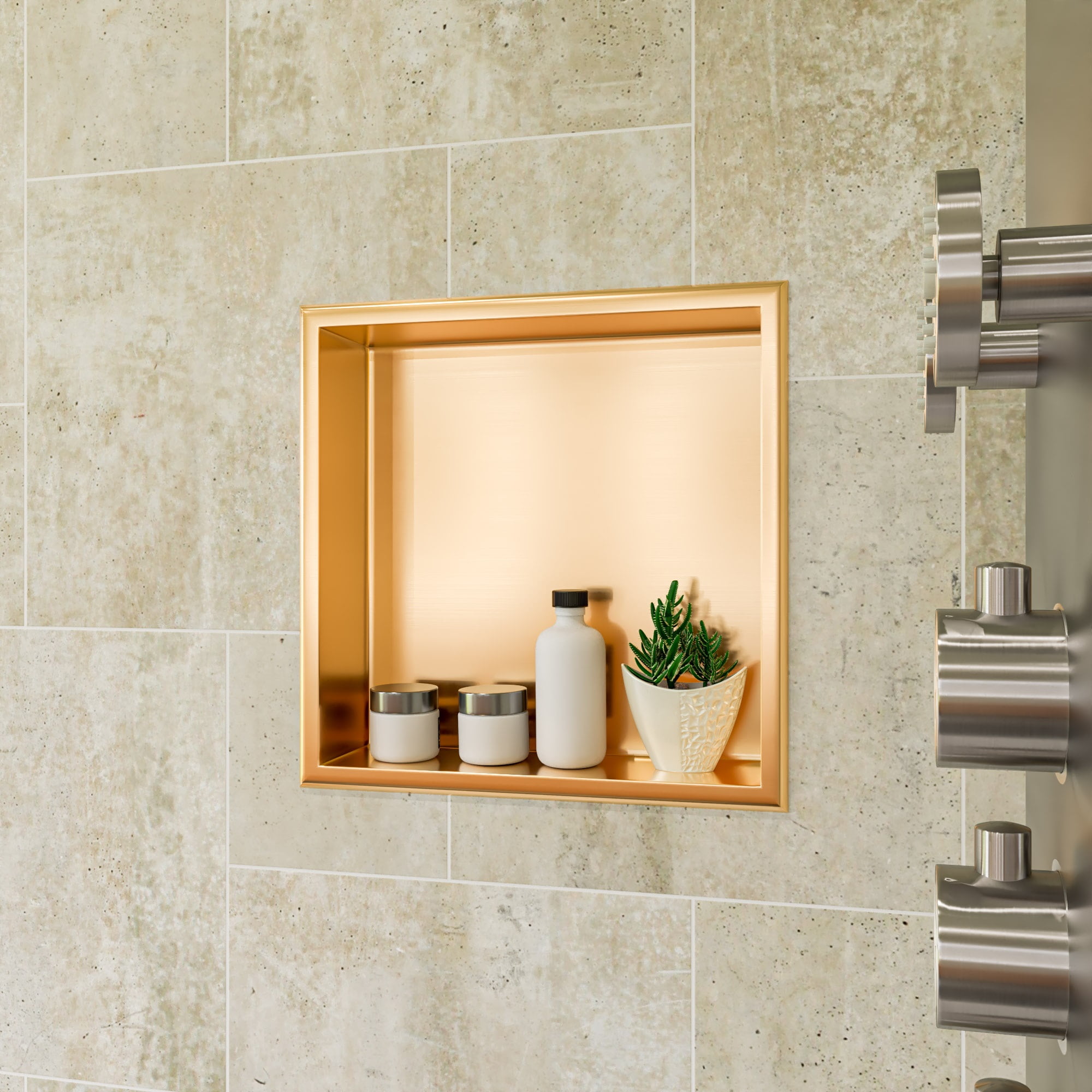 Picture of ALFI Brand ABNP1616-BG 16 x 16 in. Brushed Gold PVD Steel Square Single Shelf Shower Niche