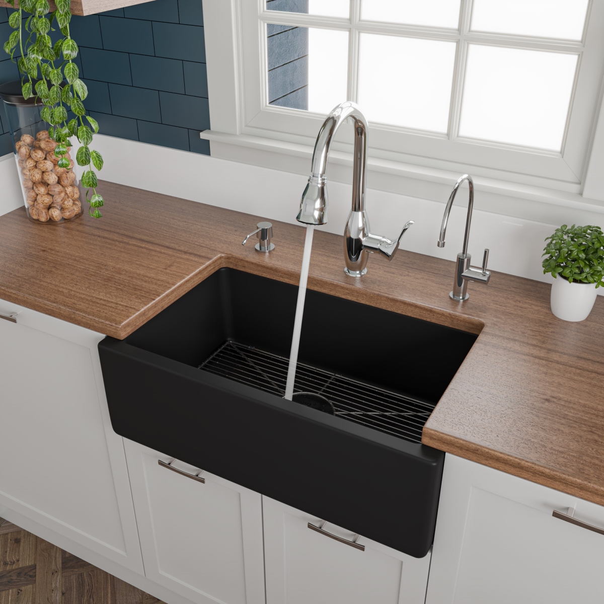 Picture of ALFI AB3018HS-BM 30 in. Reversible Smooth & Fluted Single Bowl Fireclay Farm Sink&#44; Black Matte