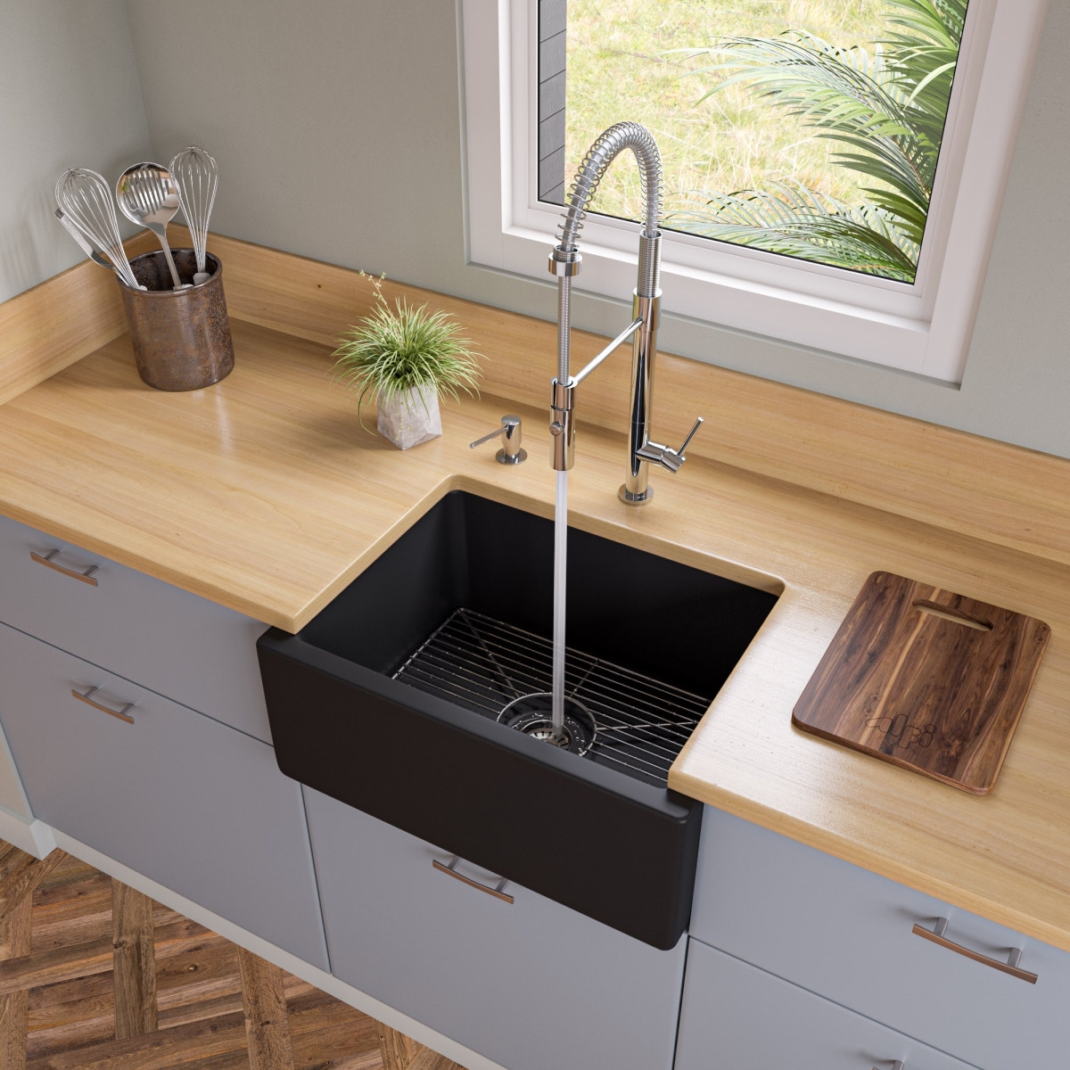 Picture of ALFI AB2418HS-BM 24 in. Reversible Smooth & Fluted Single Bowl Fireclay Farm Sink&#44; Black Matte