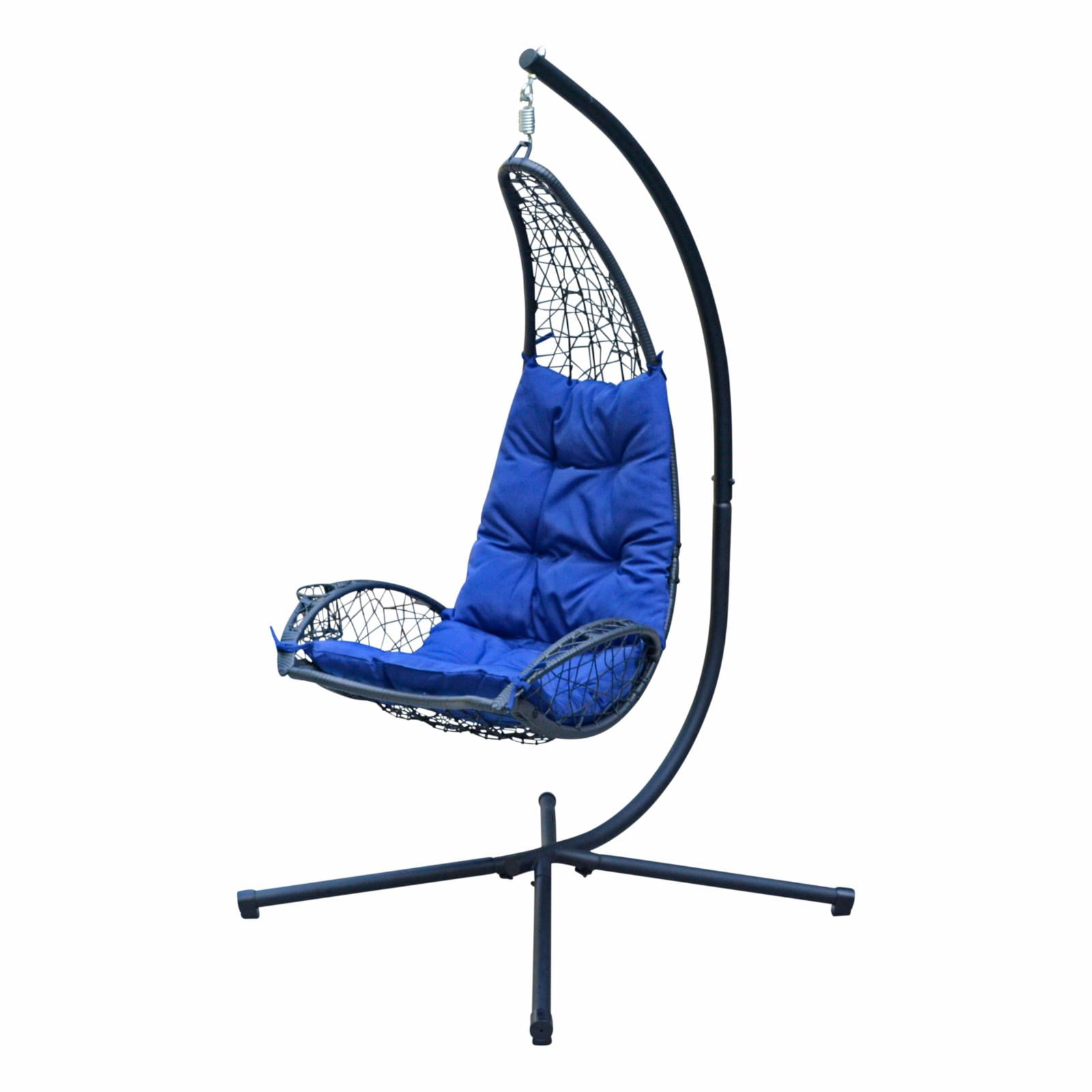 Cushioned Rattan Wicker Hanging Chair with Stand, Blue