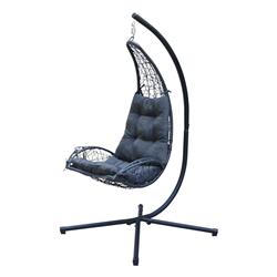 Cushioned Rattan Wicker Hanging Chair with Stand, Grey
