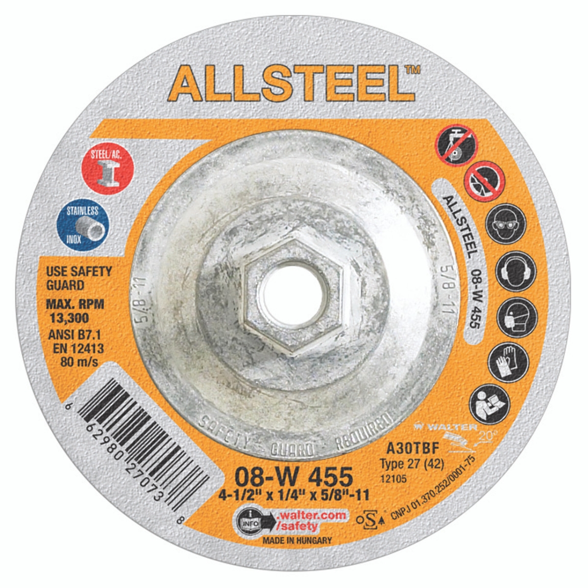 Type 27, 4-1/2 in Dia, 1/4 in Thick, 5/8 in-11 Arbor Hole Size