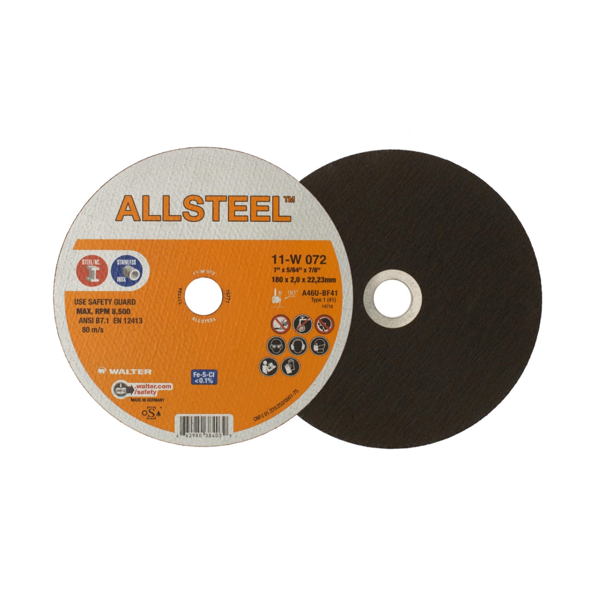Abrasive Cut-Off Wheel, Type 1, 7 in Dia, 0.0781 in Thick, 7/8 in Arbor Hole Size