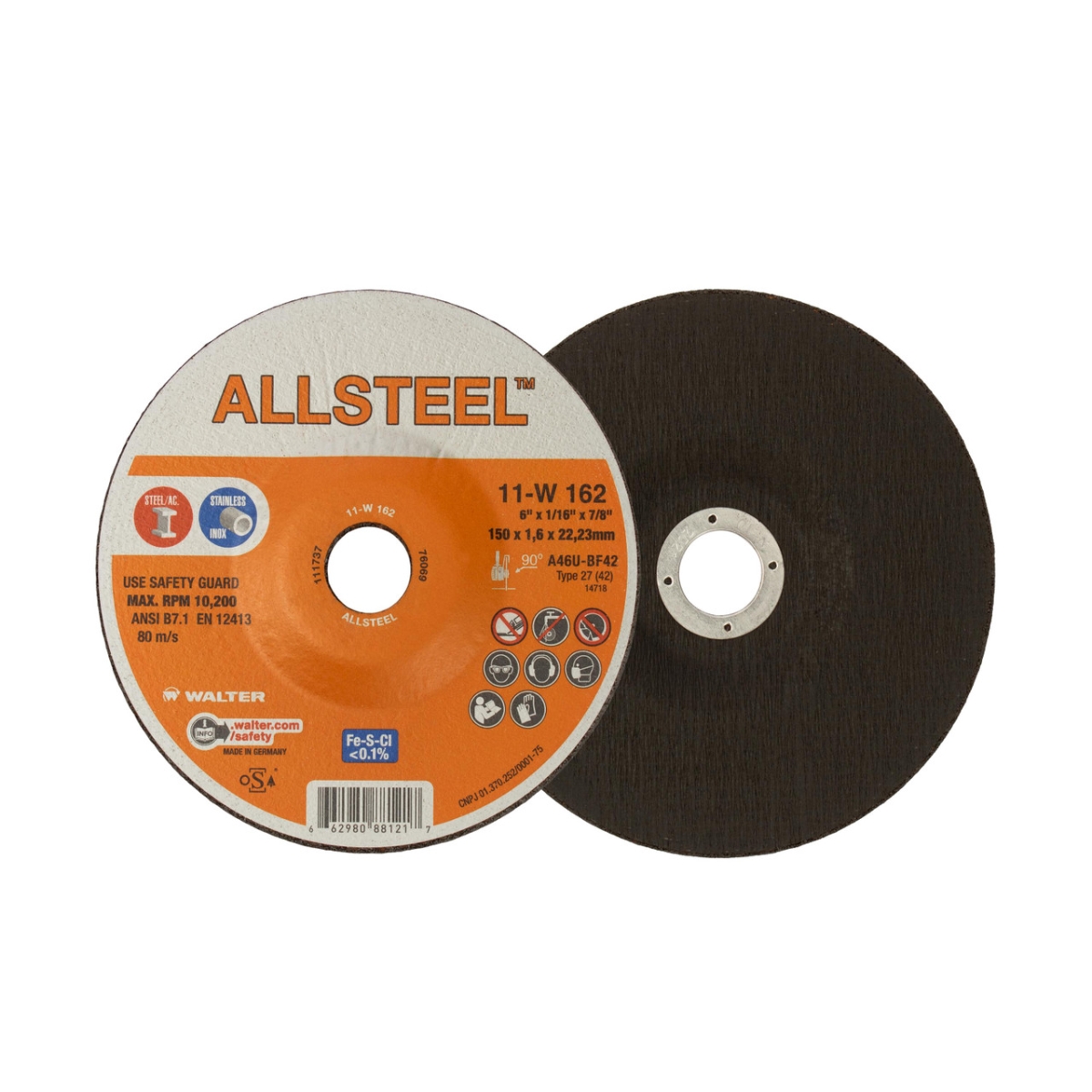 Abrasive Cut-Off Wheel, Type 27, 6 in Dia, 0.0625 in Thick, 7/8 in Arbor Hole Size