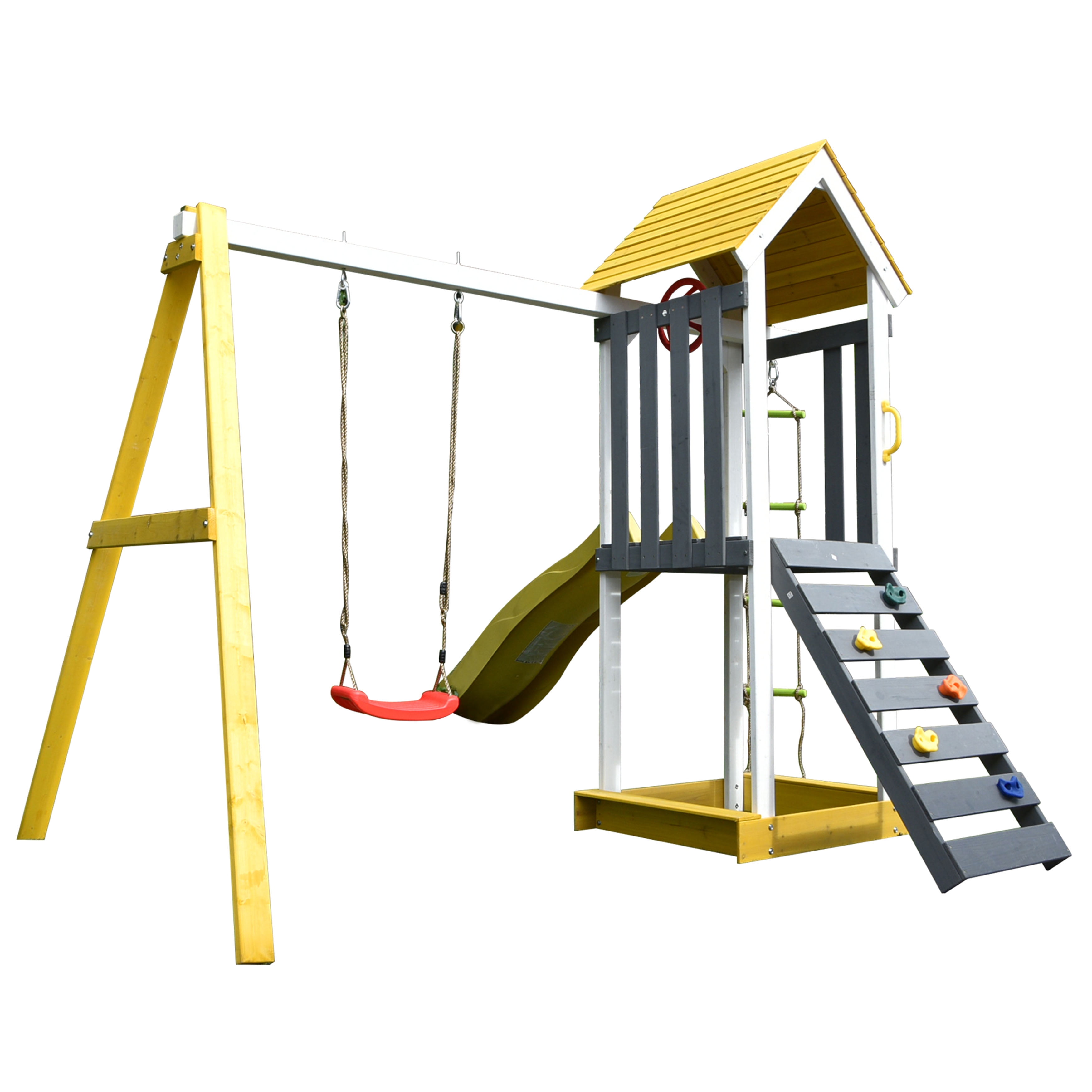 Picture of Aleko WPG01-UNB Outdoor Wooden Swing Playset with Swing&#44; Slide&#44; Steering Wheel & Rock Climbing Ladder