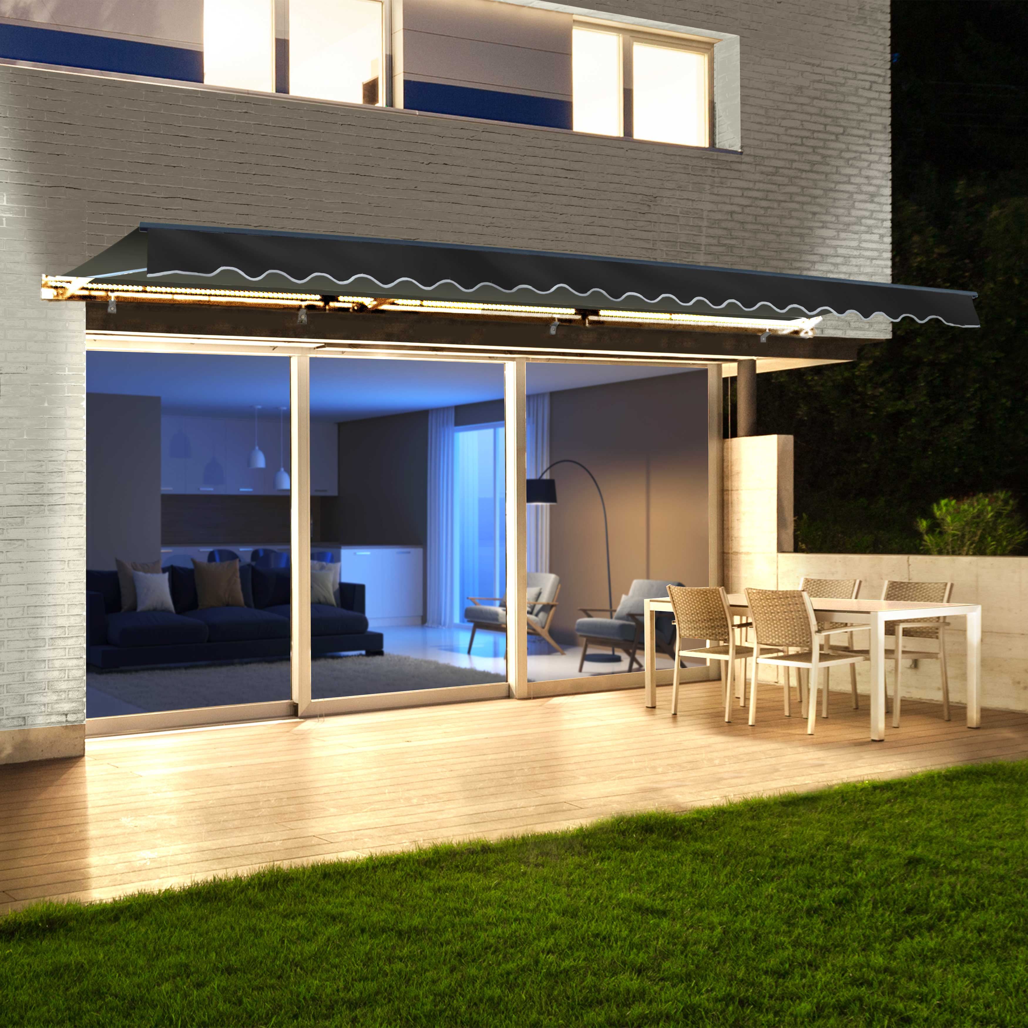 Motorized LED 12 x 10 ft. Half Cassette Retractable Awning, Black