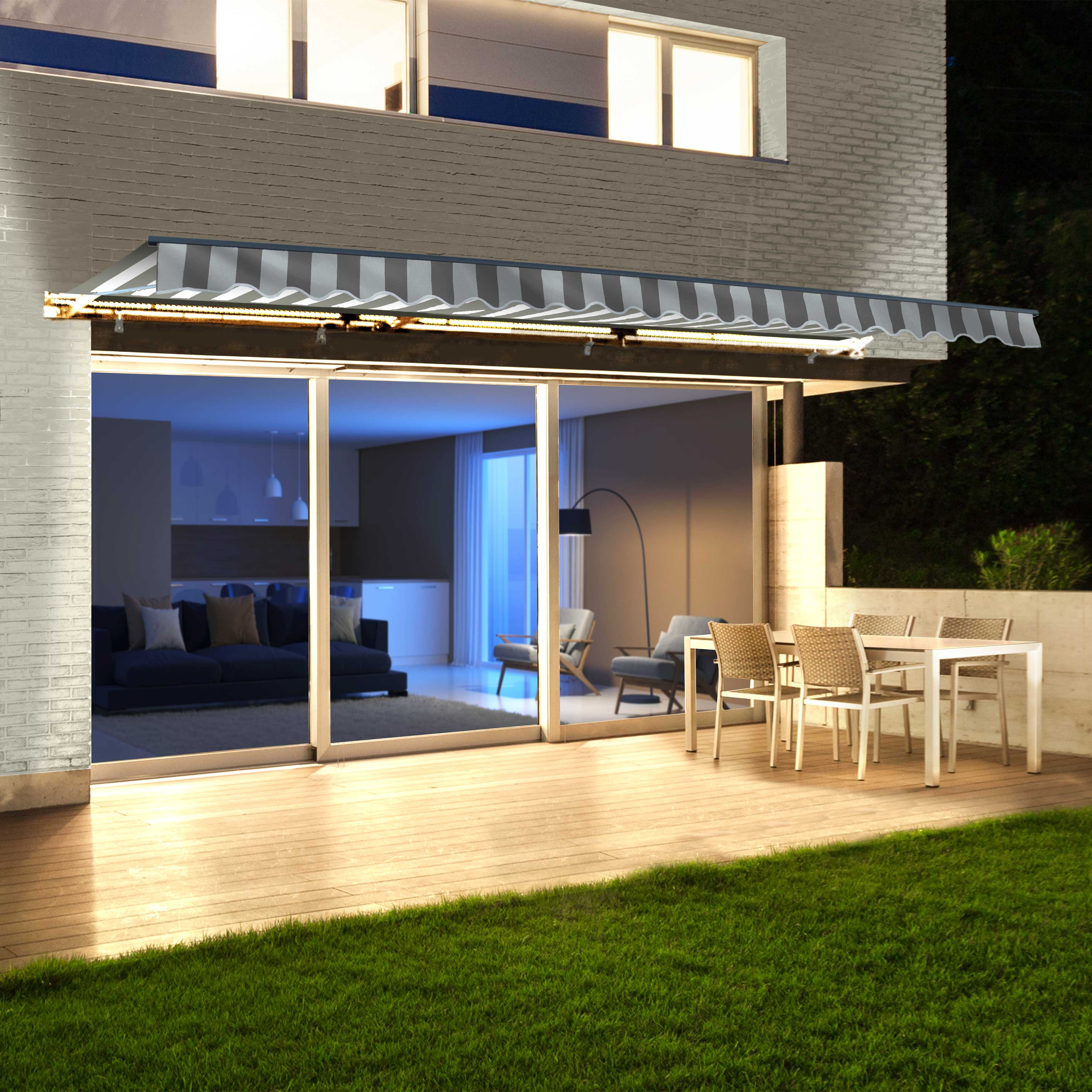 Motorized LED 20 x 10 ft. Half Cassette Retractable Awning, Grey & White Stripes