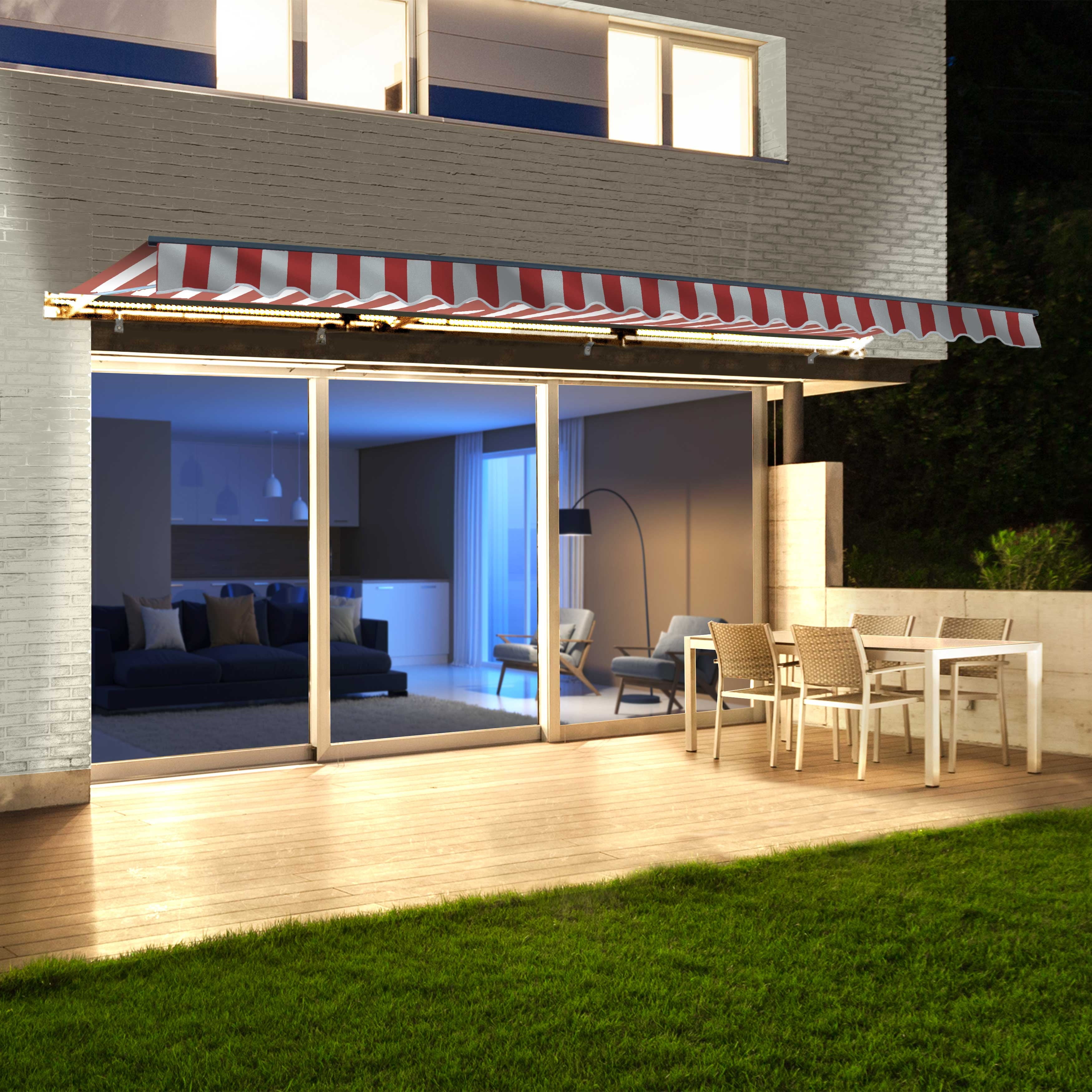 AWCL20X10RDWT05-UNB Motorized LED 20 x 10 ft. Half Cassette Retractable Awning, Red & White Stripes -  ALEKO