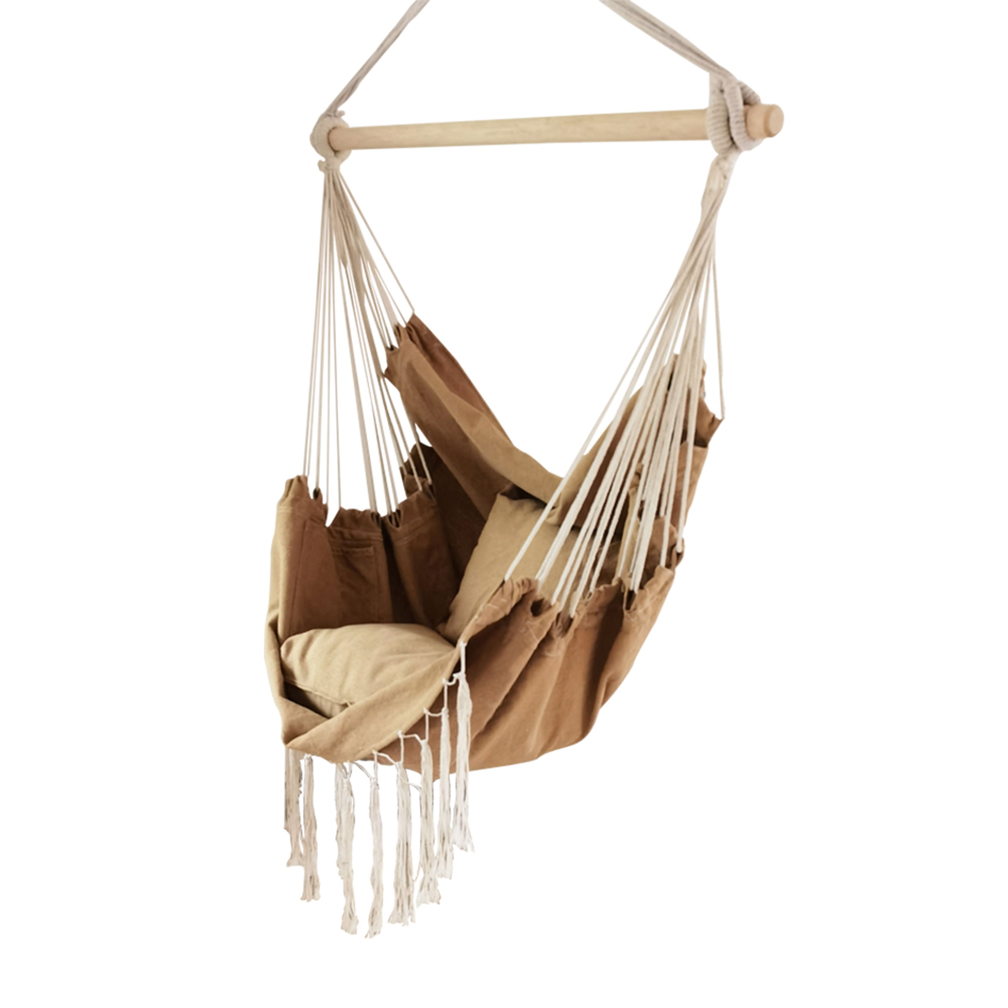 Picture of Aleko HC03-UNB Hanging Rope Swing Hammock Chair with Side Pocket & Wooden Spreader Bar&#44; Khaki