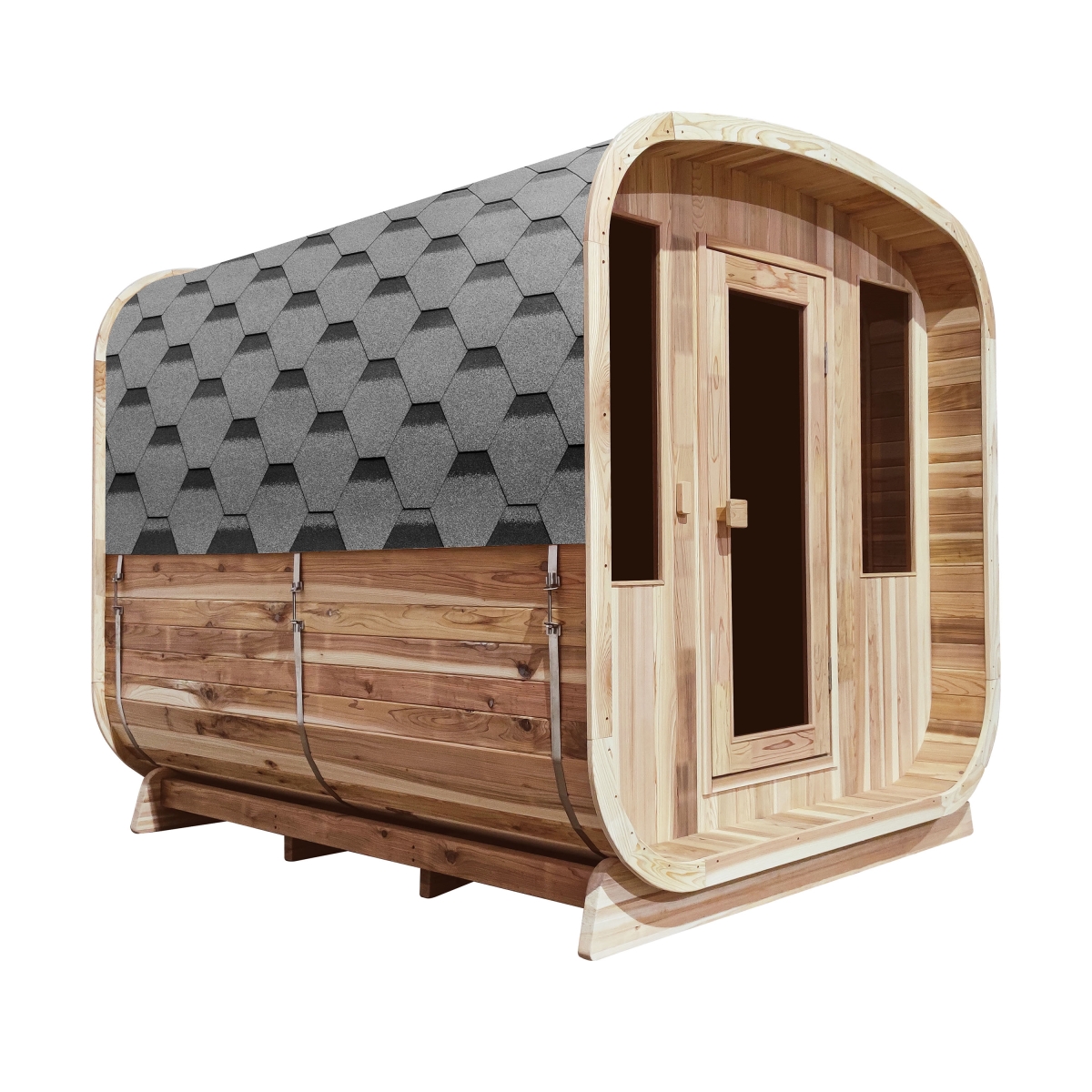 SRCE6HULU-UNB Rustic Cedar Barrel Rounded Square 6 person Sauna with Roofing Heater