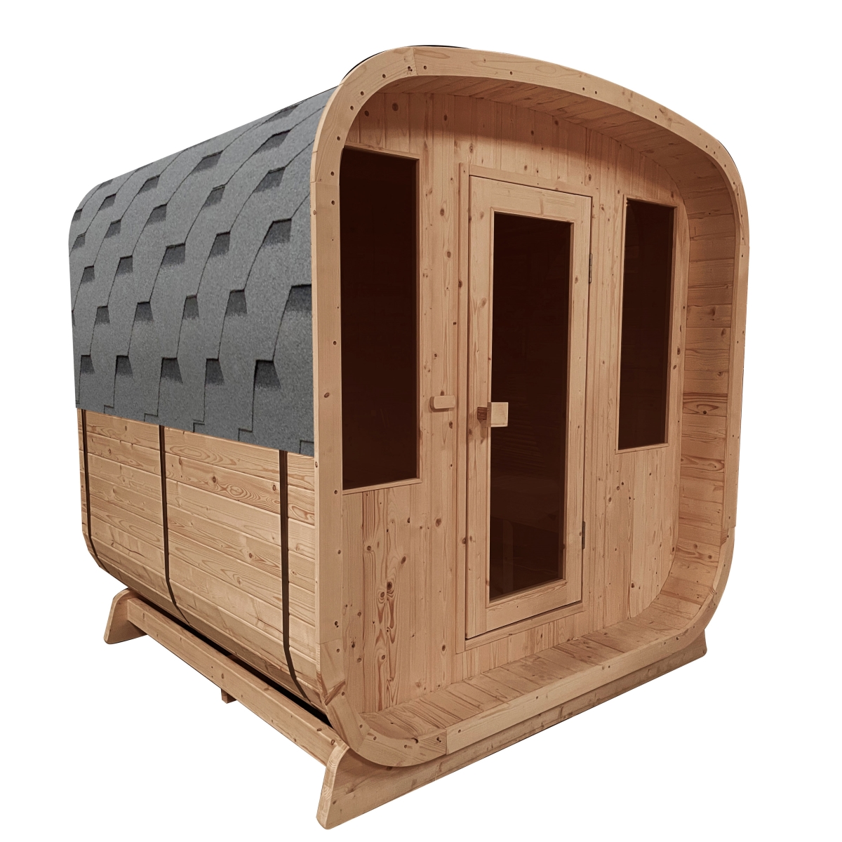 SRCE4HULL-UNB Rustic Cedar Barrel Rounded Square 4 person Sauna with Roofing Heater