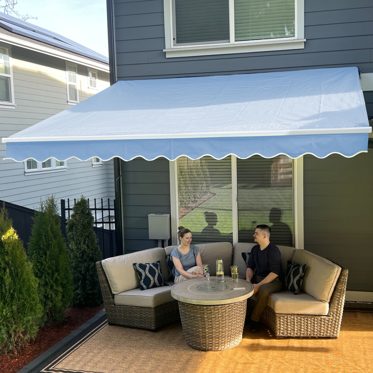 AW12X10LBLUE068-UNB 12 x 10 ft. Retractable Canopy Sunshade Home Patio Awning, Sky Blue