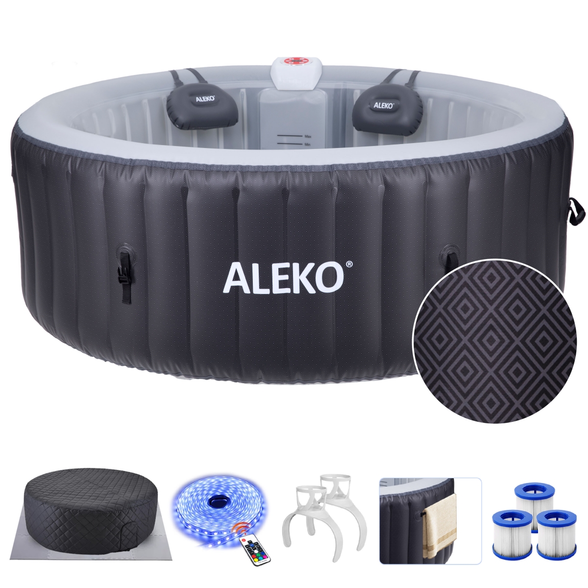 Picture of ALEKO HTIR4BDIAMOND-UNB ALEKO Round Inflatable 4 Prs Hot Tub 211 Gallon 120 Bubble Jets Black Diamond